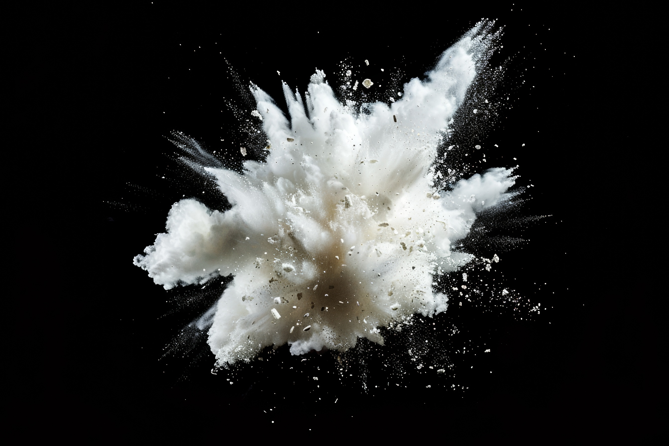 White powder explosion isolated on black background