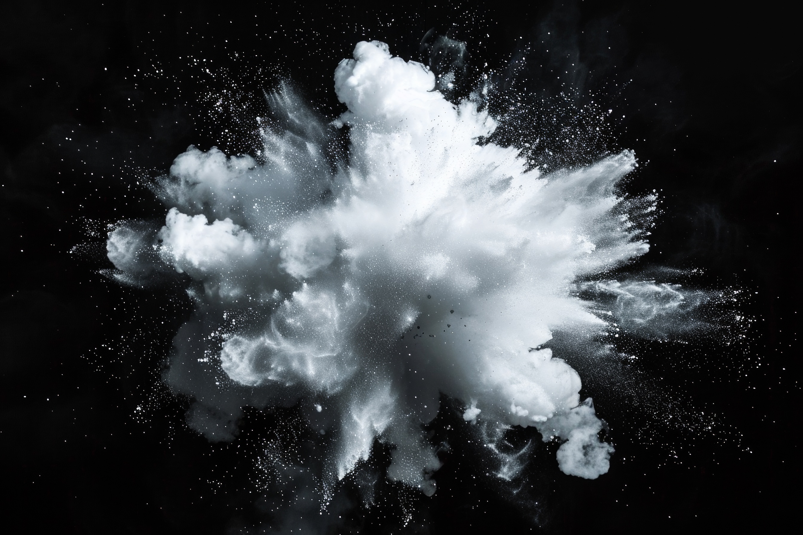 White powder explosion isolated on black background