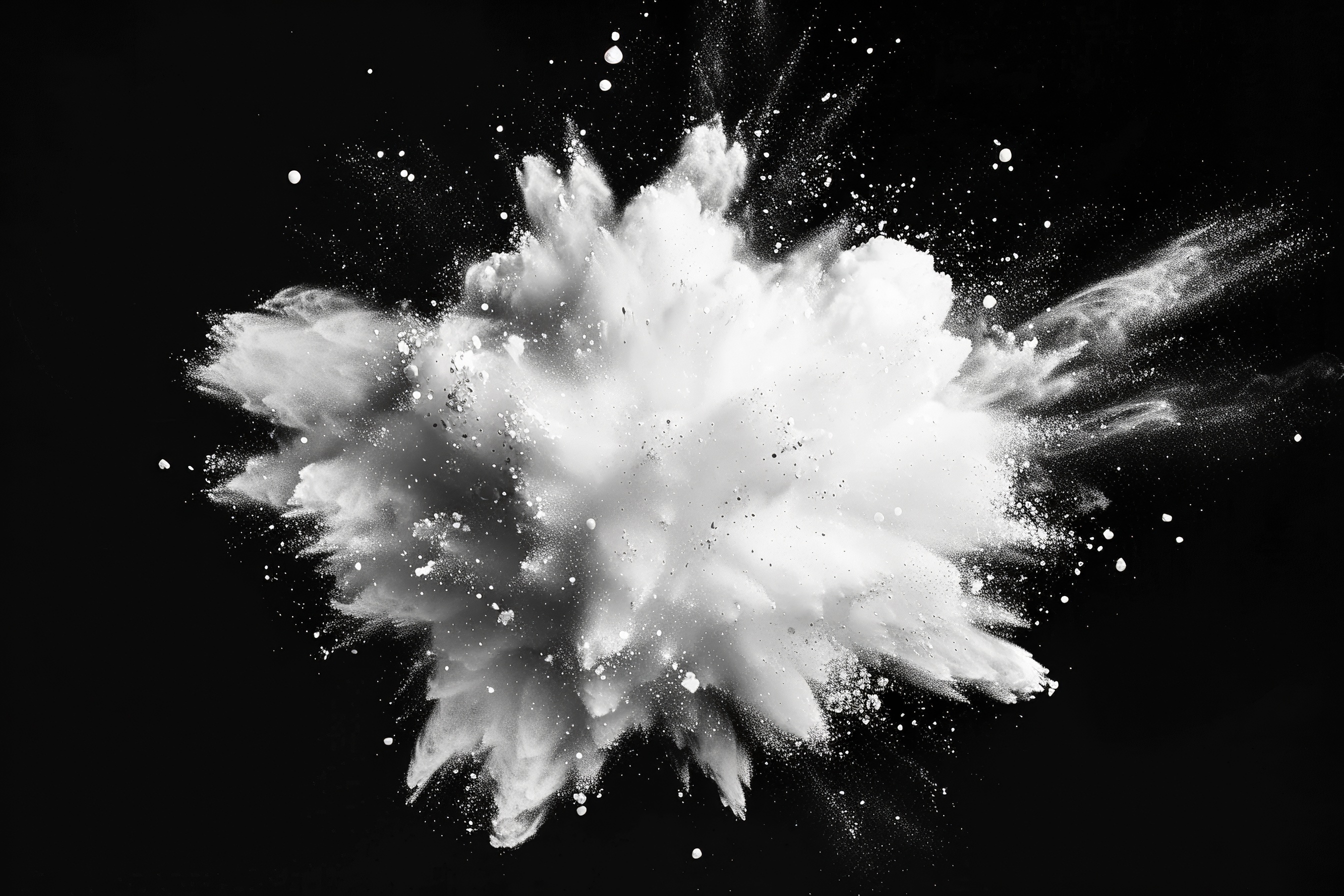 White powder explosion isolated on black background