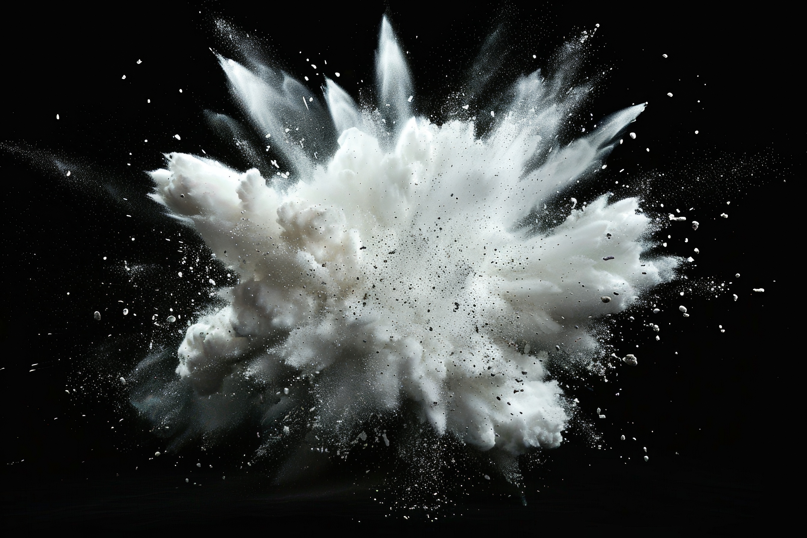 White powder explosion isolated on black background