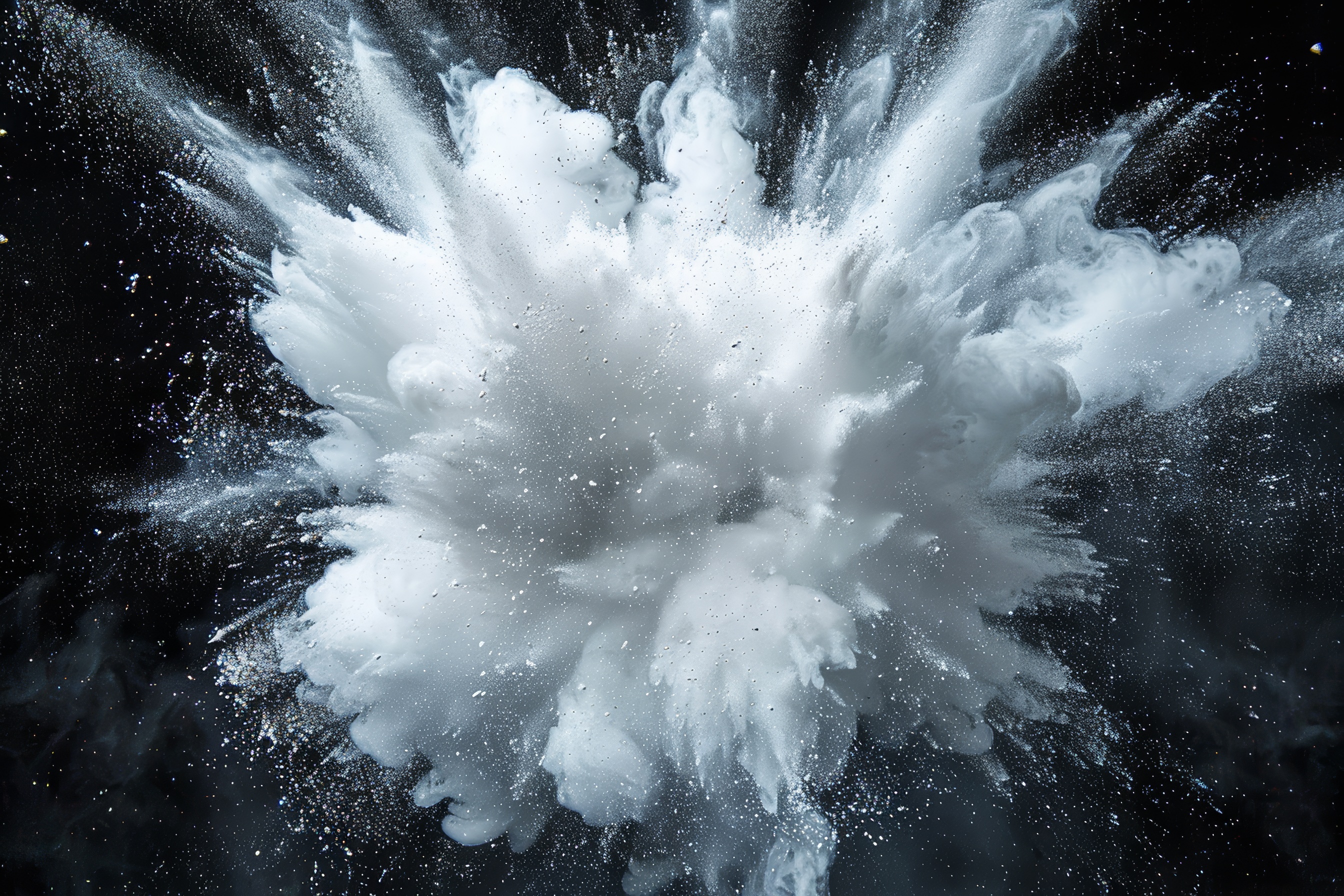 White powder explosion isolated on black background