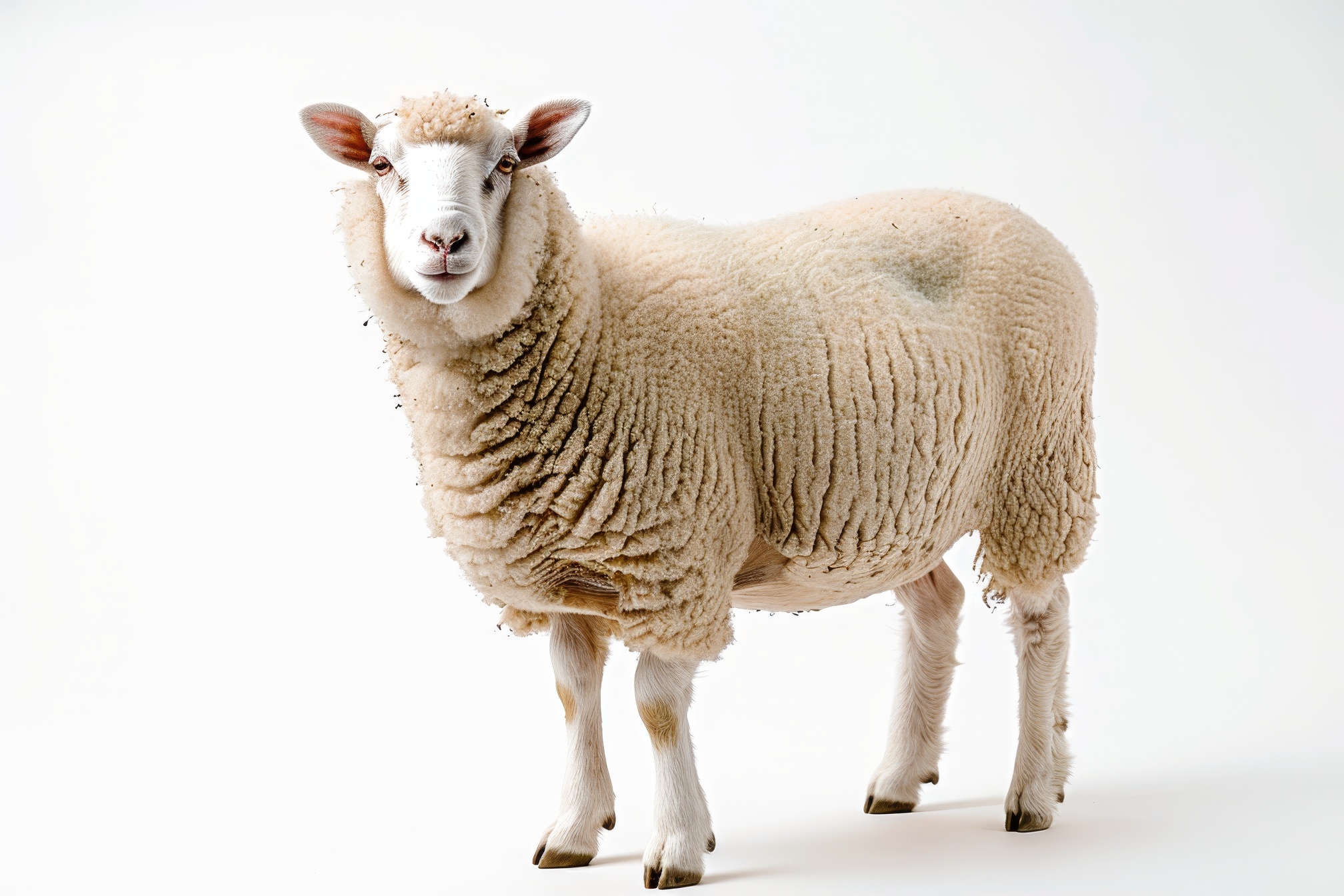 White sheep looking at camera on white background