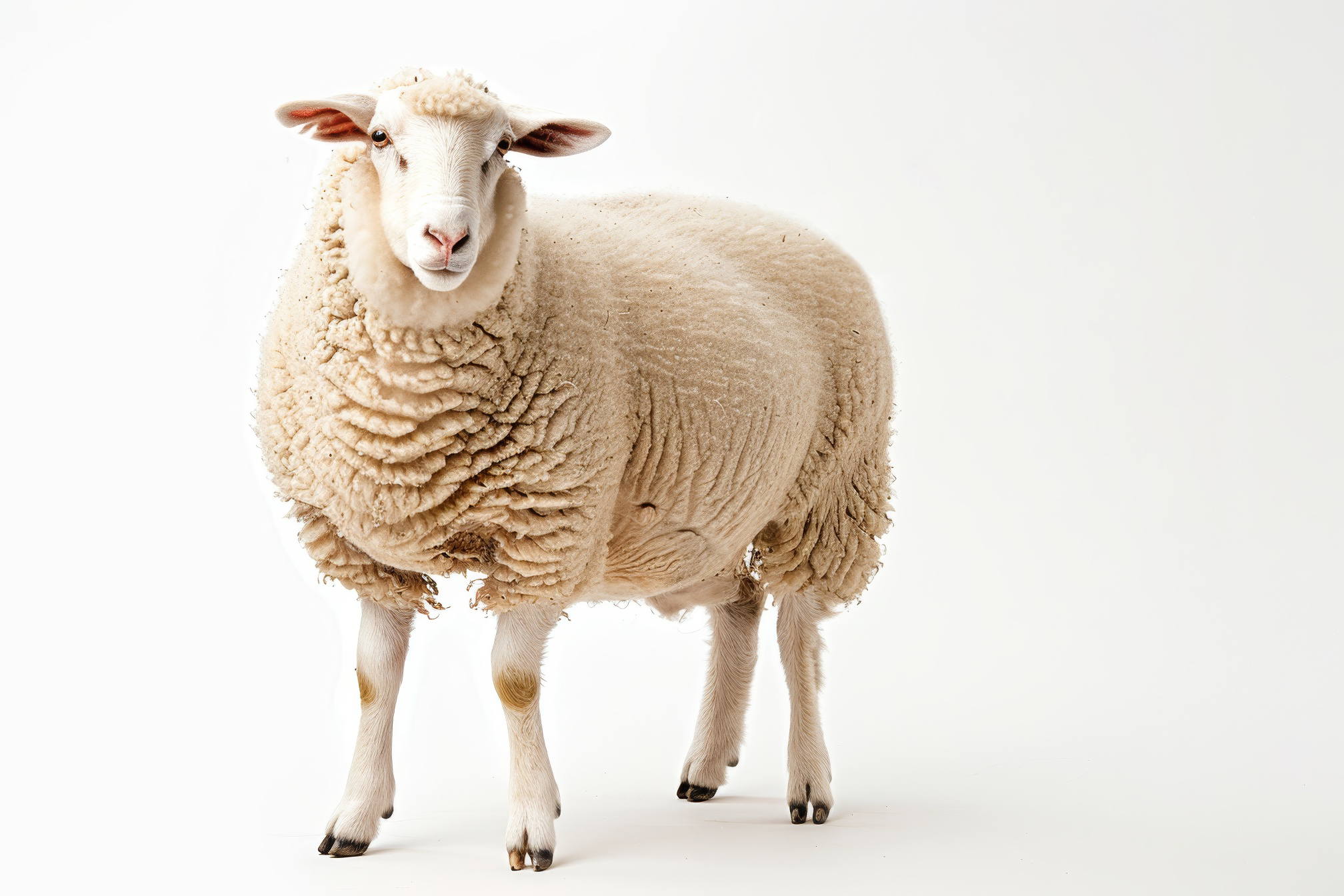 White sheep looking at camera on white background