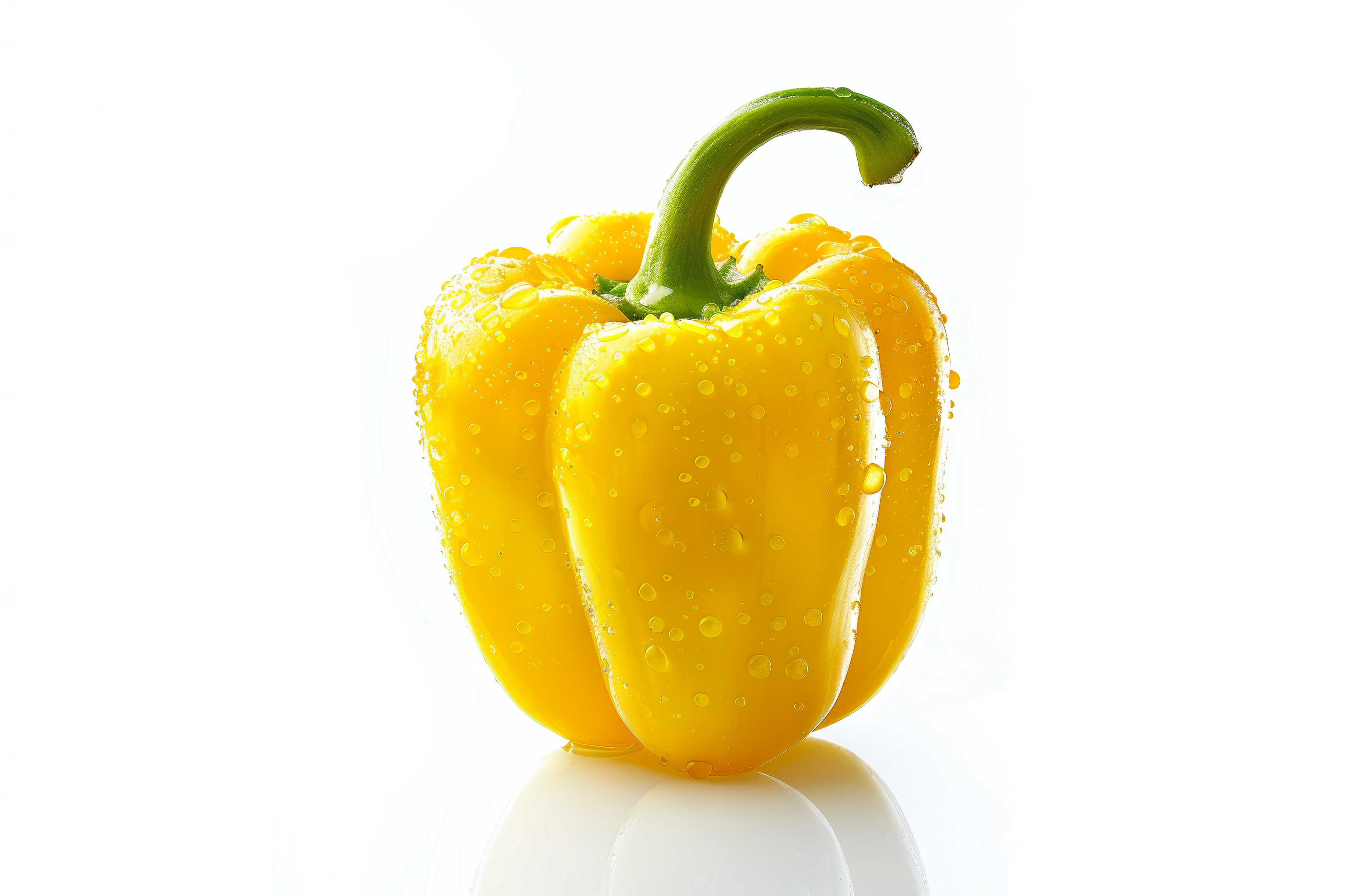 Yellow bell pepper with water drops isolated on white background