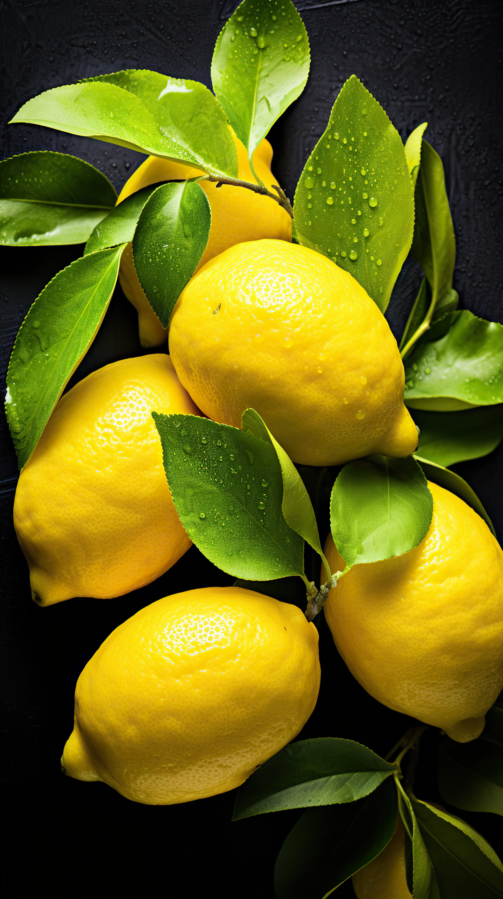 Yellow lemons with green leaves isolated on dark background