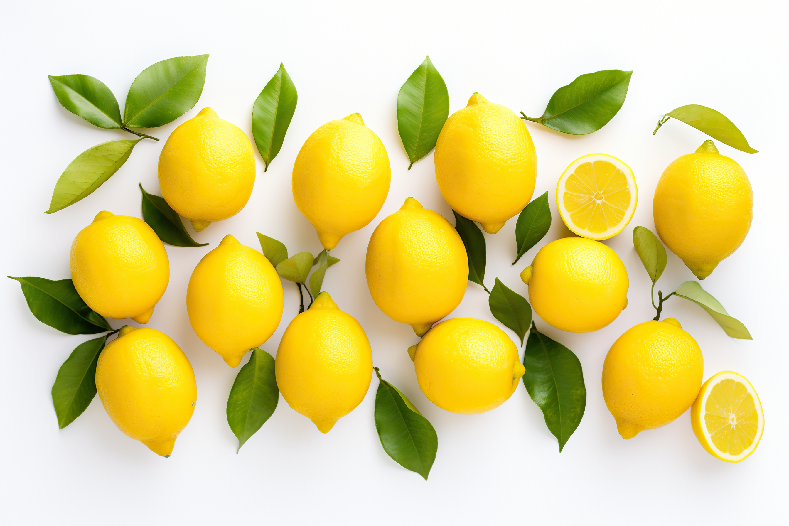 Yellow lemons with green leaves isolated on white background