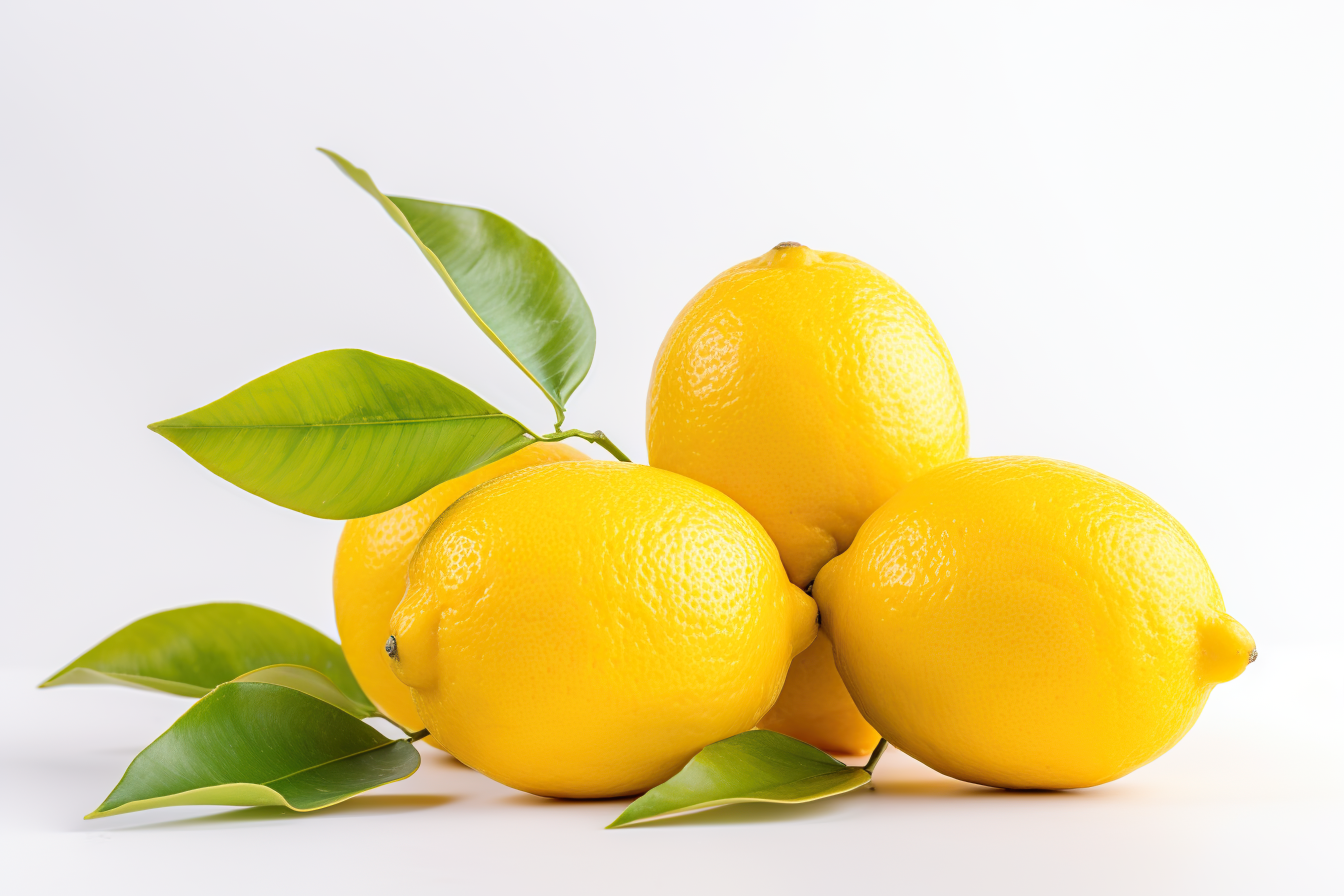 Yellow lemons with green leaves isolated on white background