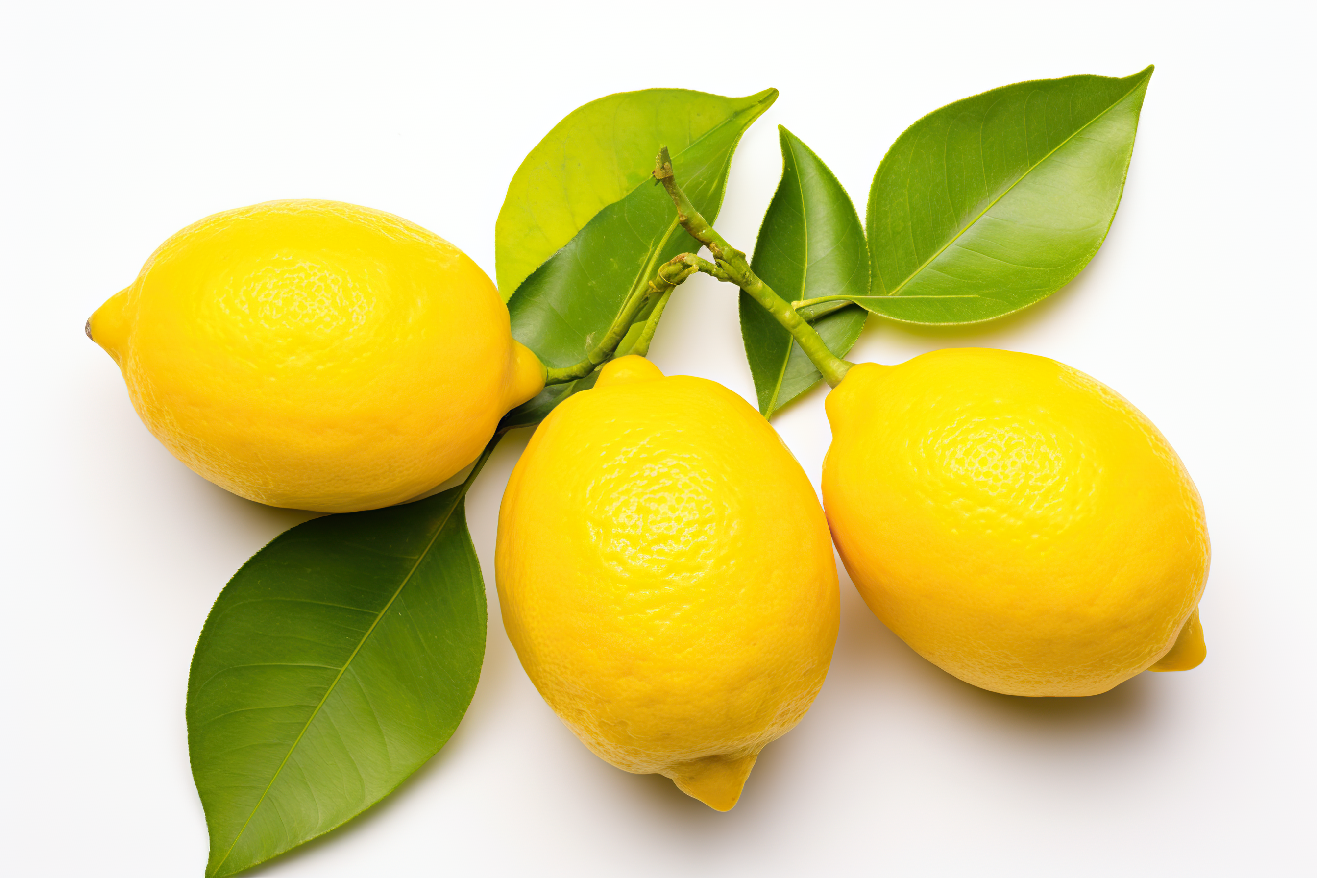 Yellow lemons with green leaves isolated on white background