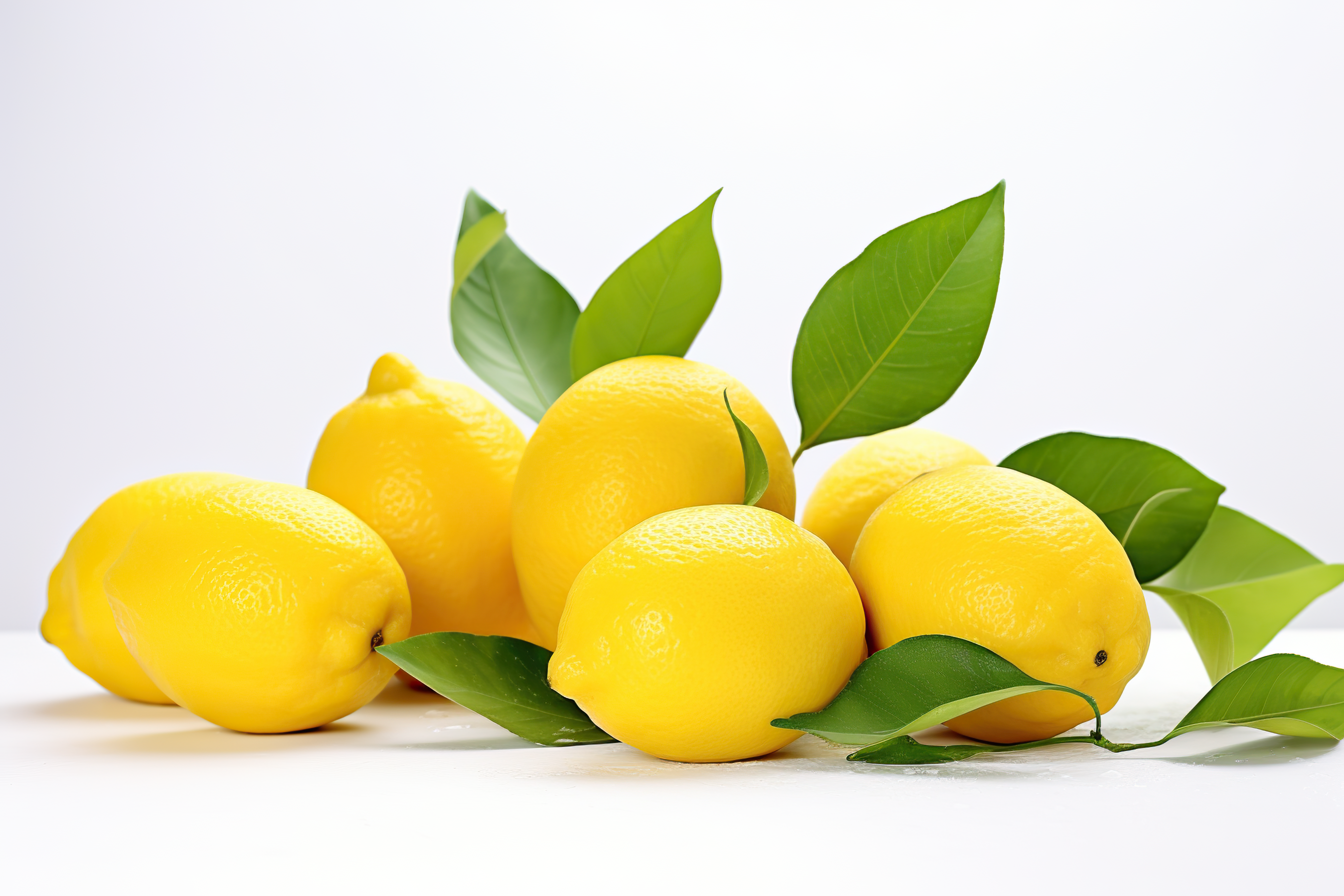 Yellow lemons with green leaves isolated on white background