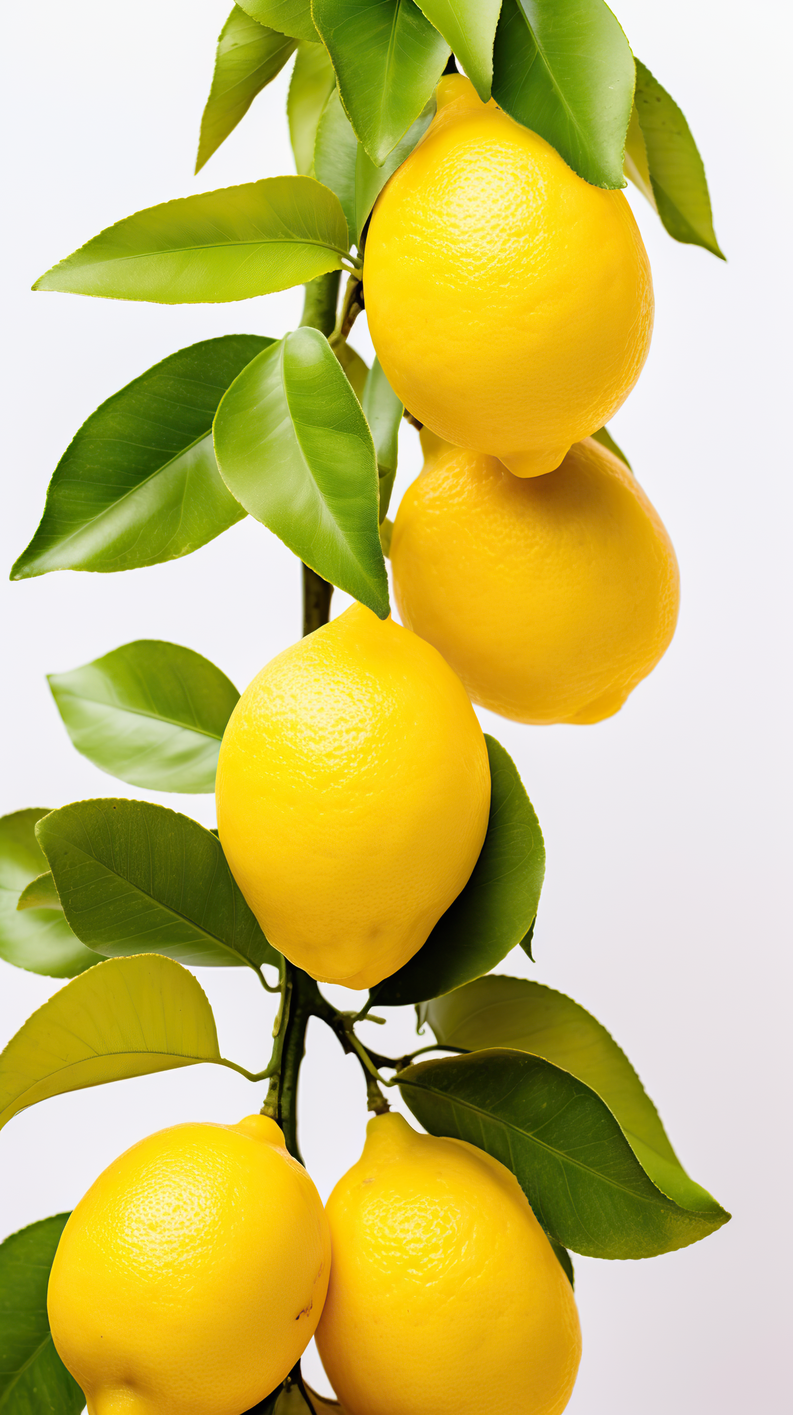 Yellow lemons with green leaves isolated on white background