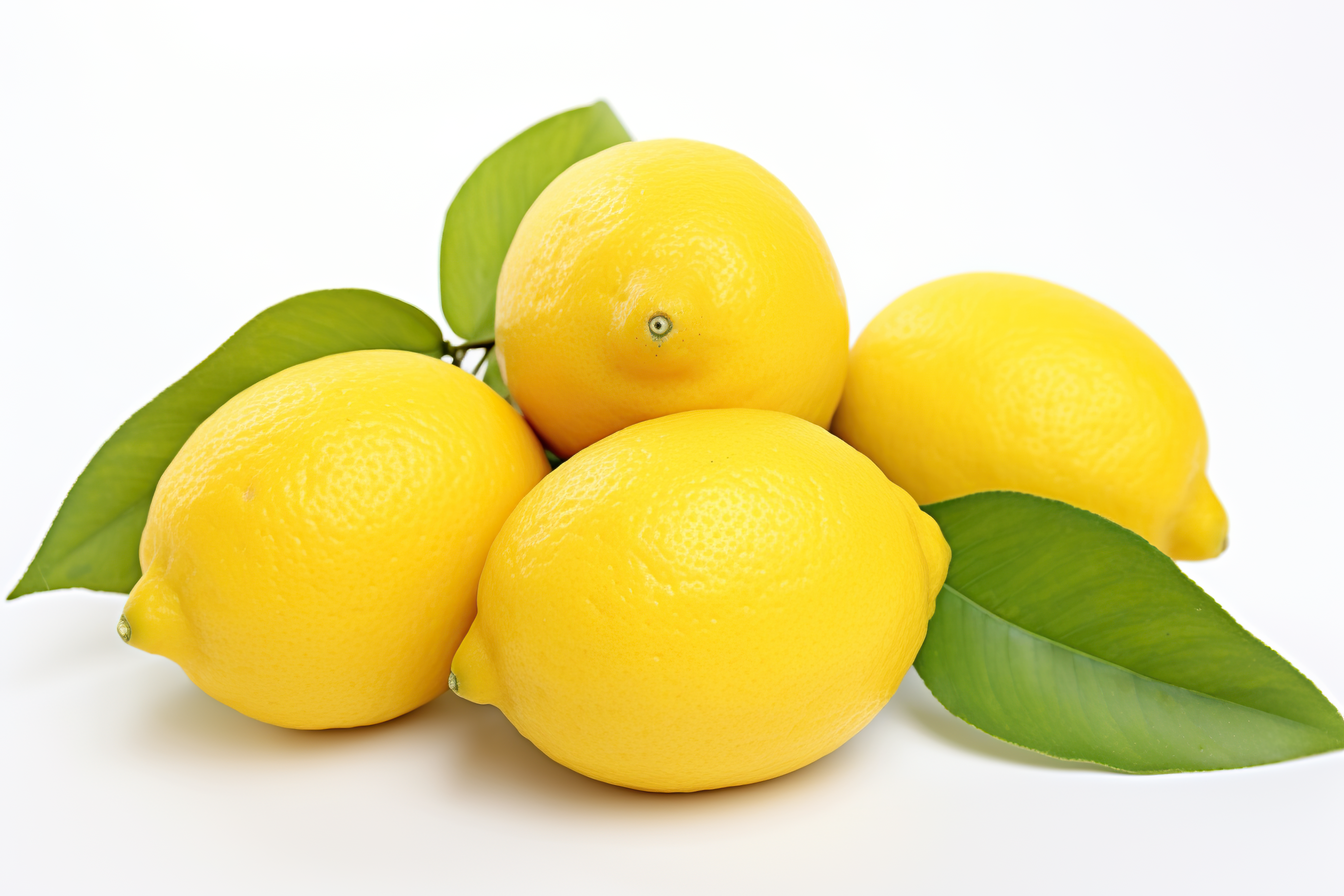 Yellow lemons with green leaves isolated on white background