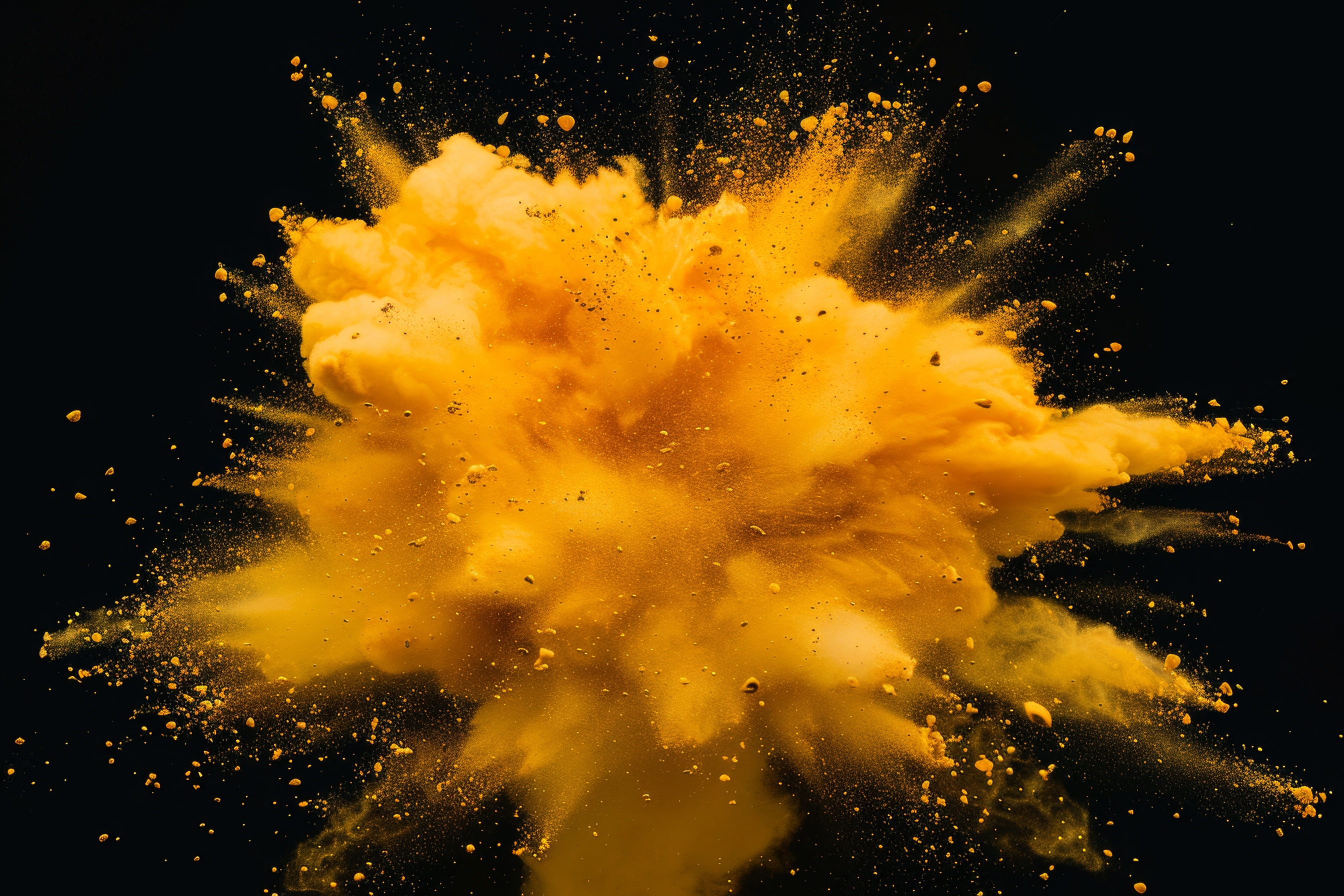 Yellow powder explosion on black background