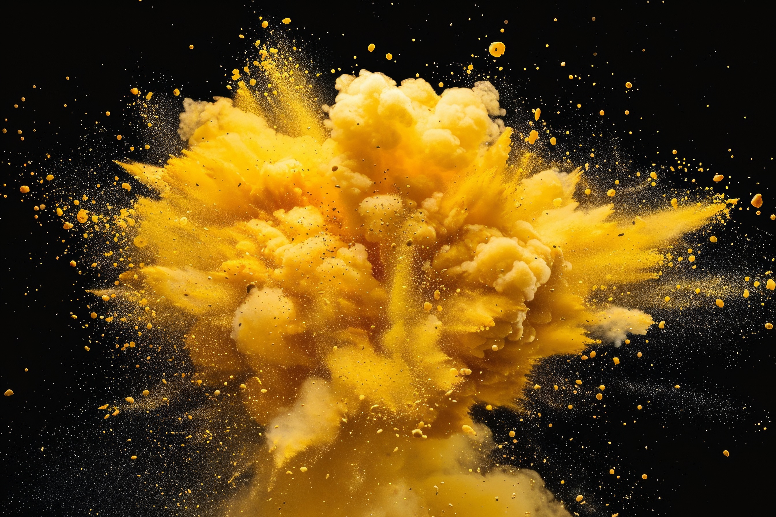 Yellow powder explosion on black background