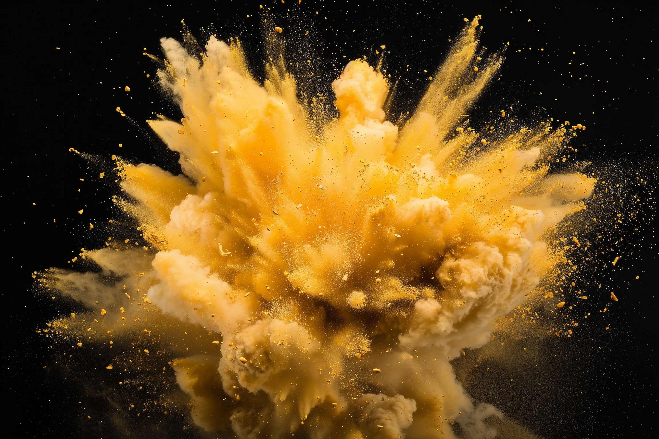 Yellow powder explosion on black background