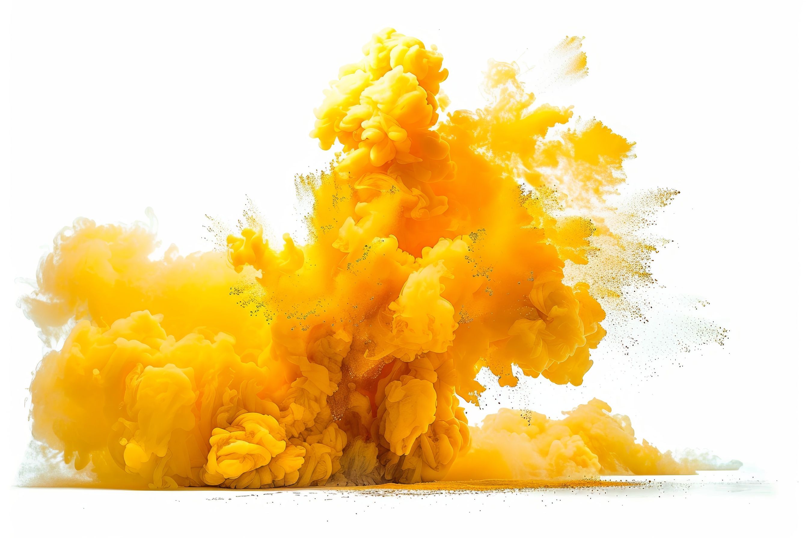 Yellow powder explosion on white background