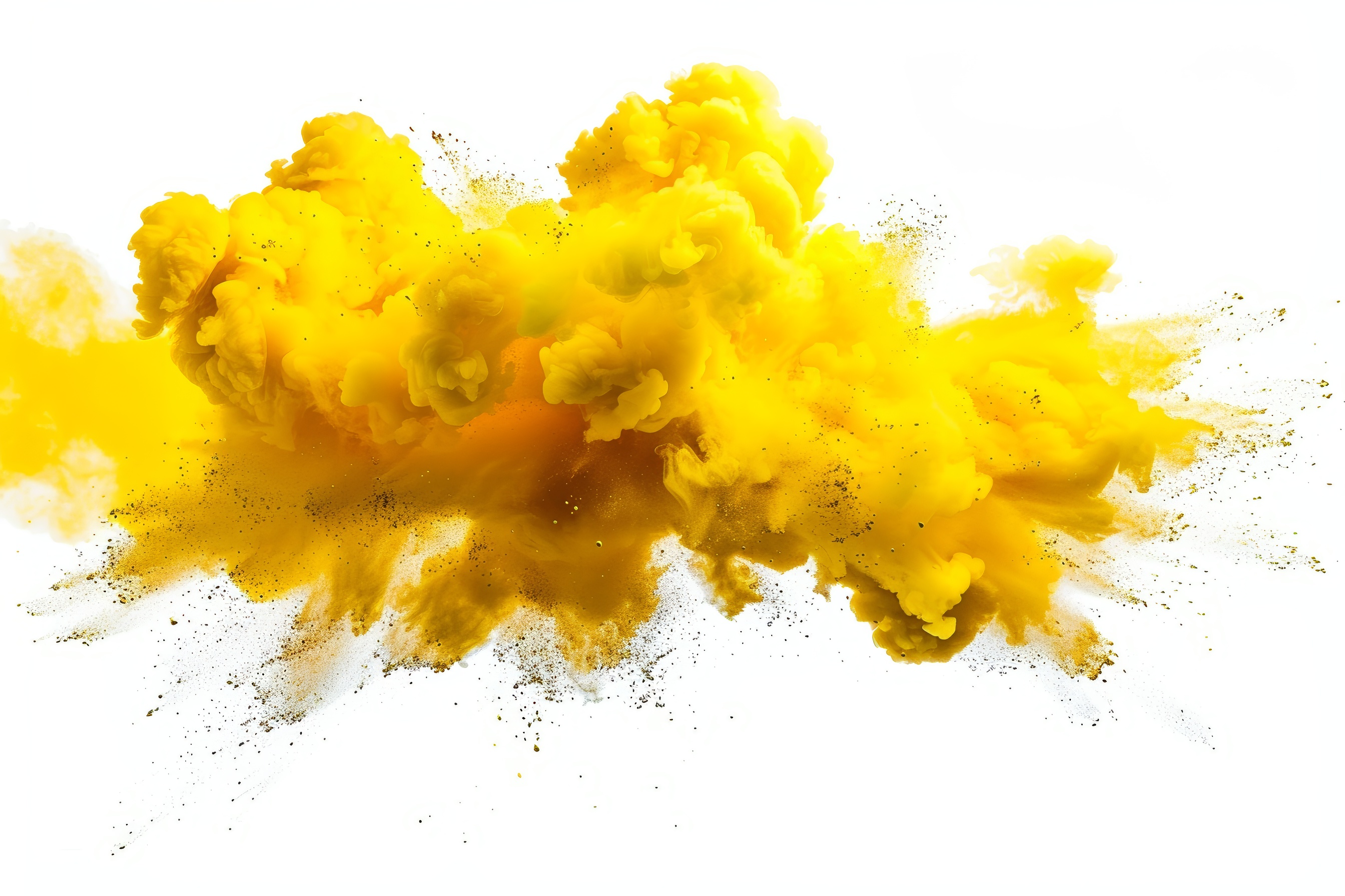 Yellow powder explosion on white background