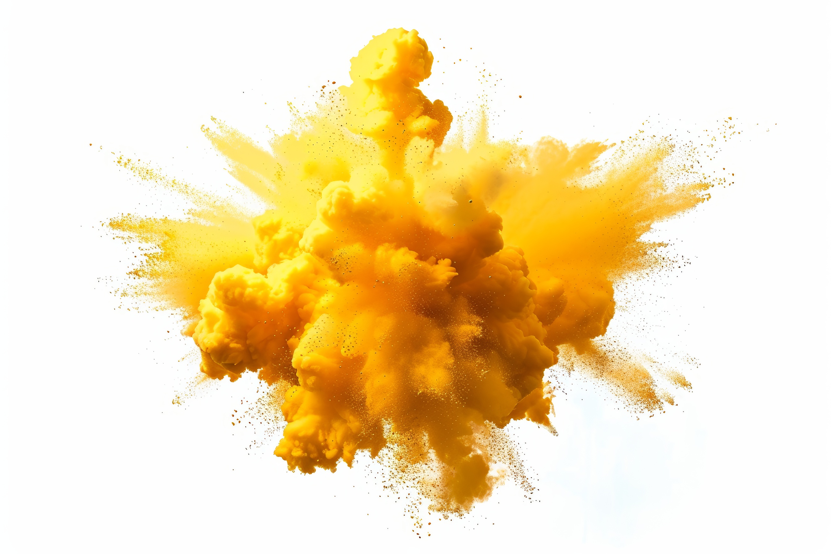 Yellow powder explosion on white background