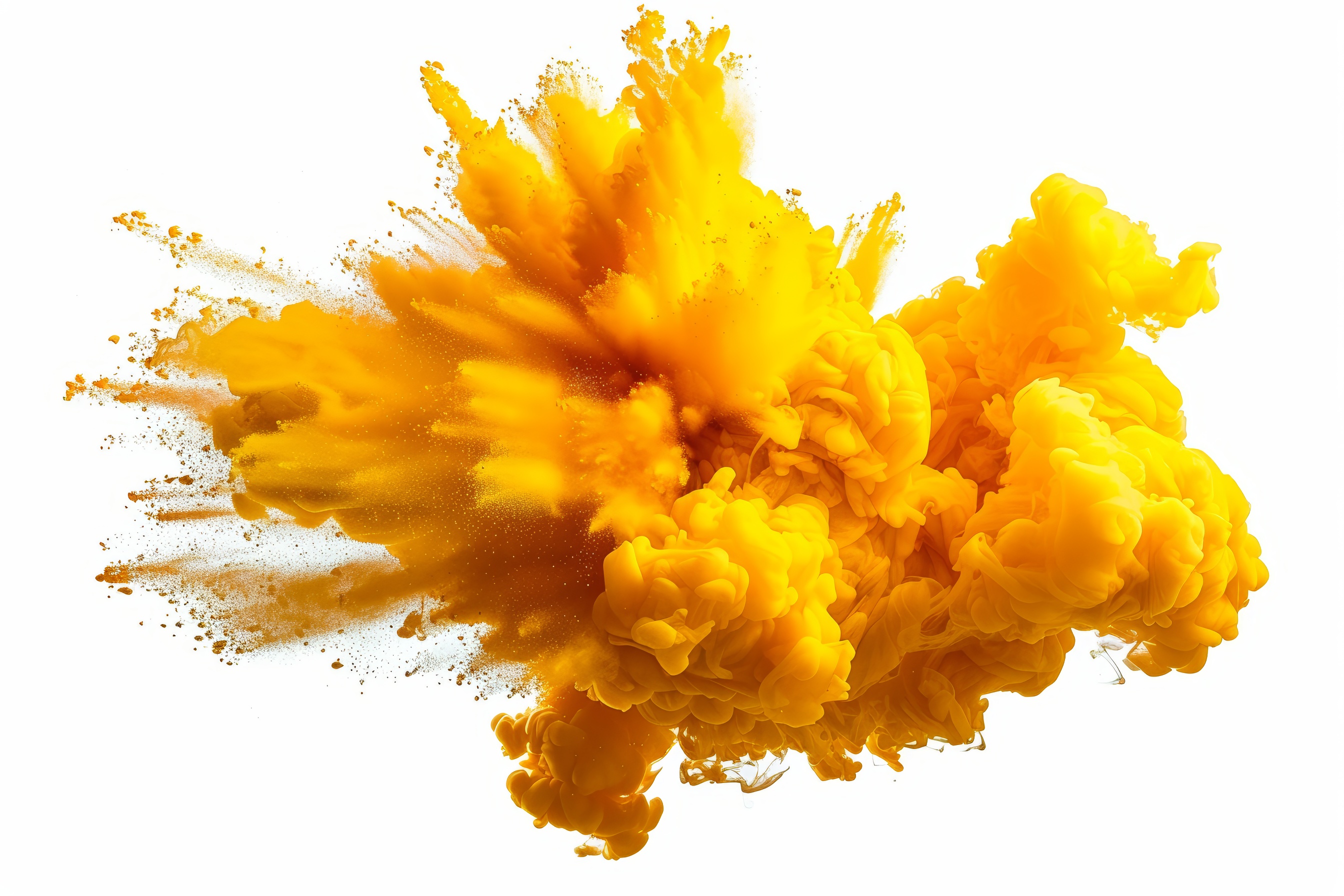 Yellow powder explosion on white background