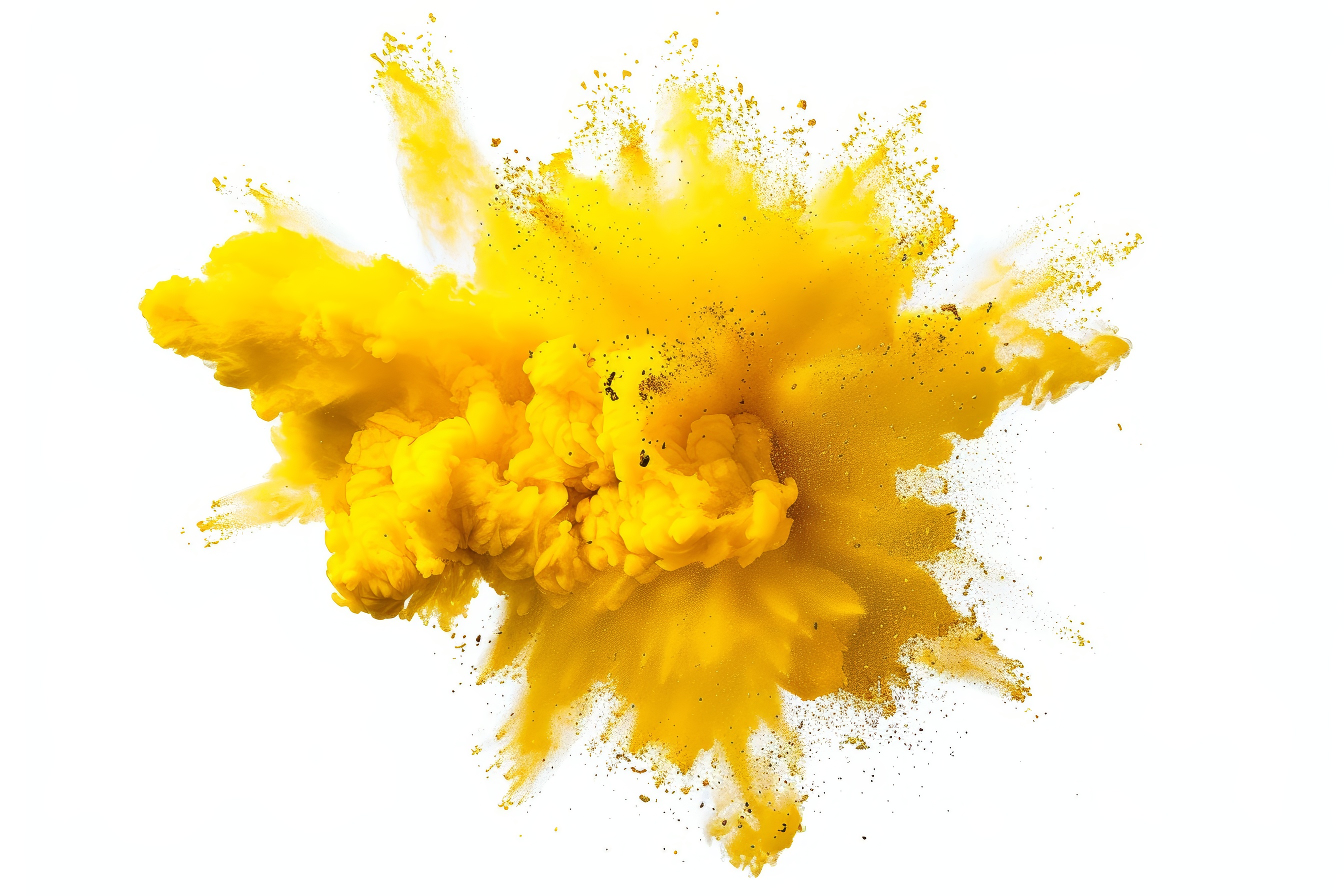 Yellow powder explosion on white background