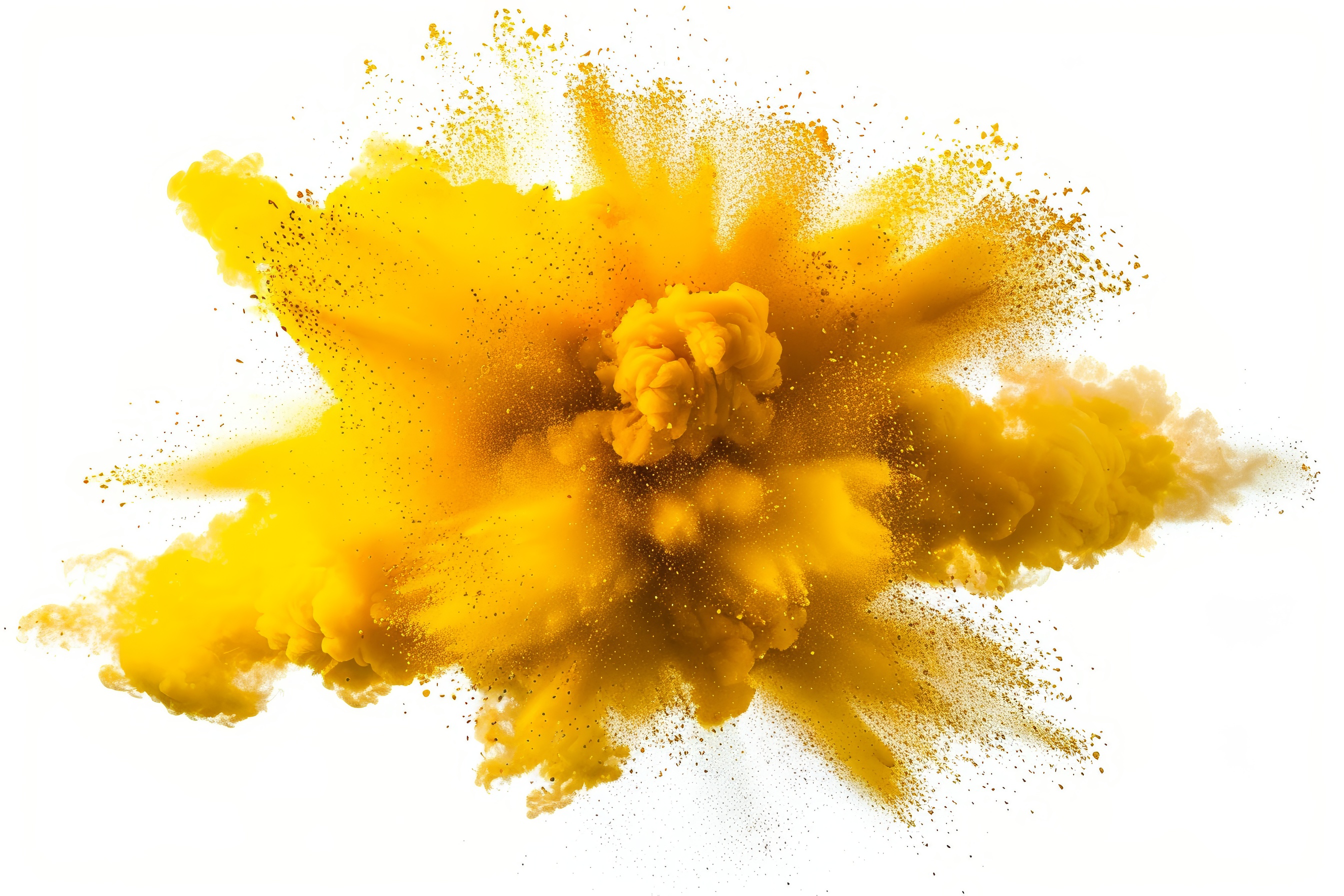 Yellow powder explosion on white background