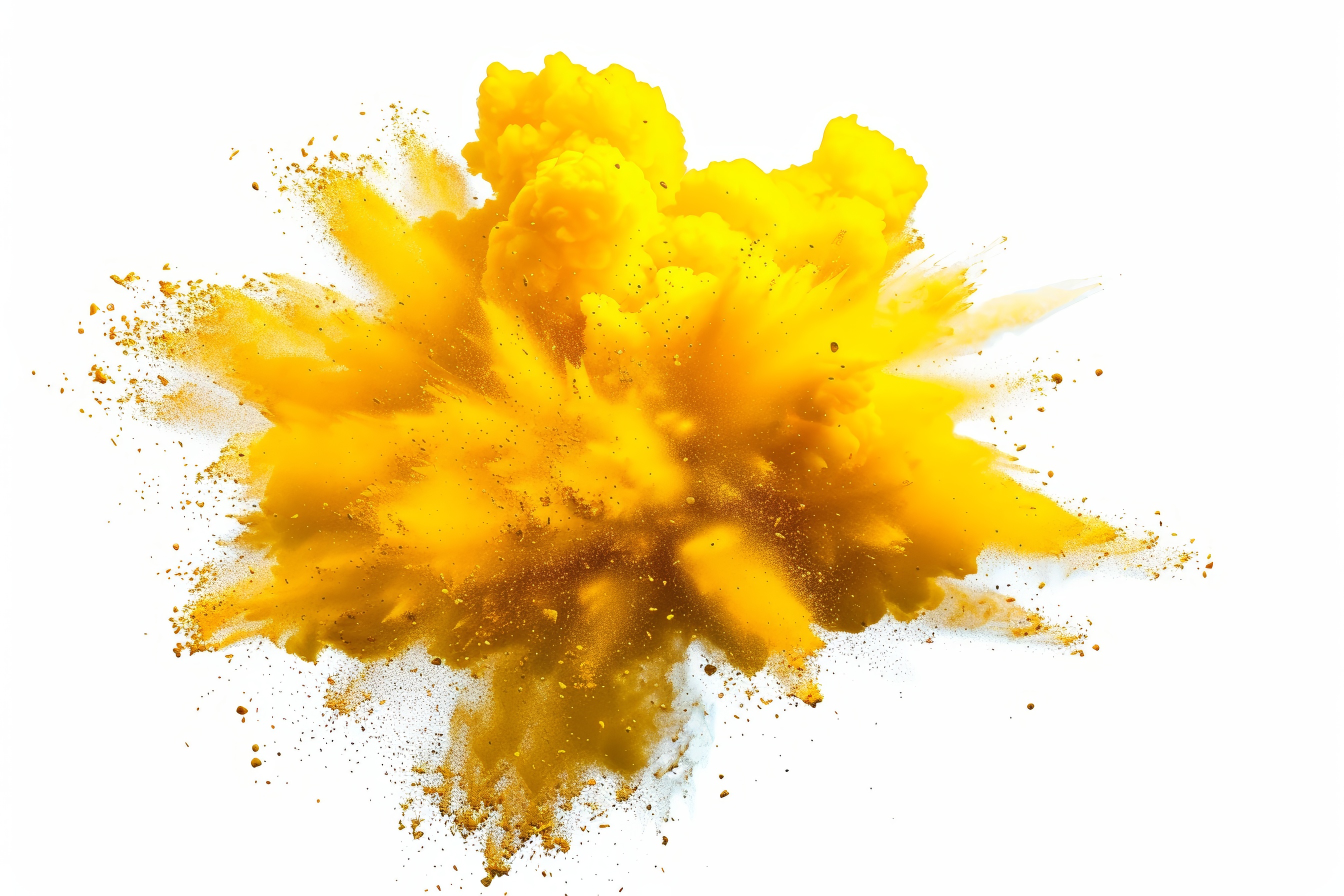 Yellow powder explosion on white background