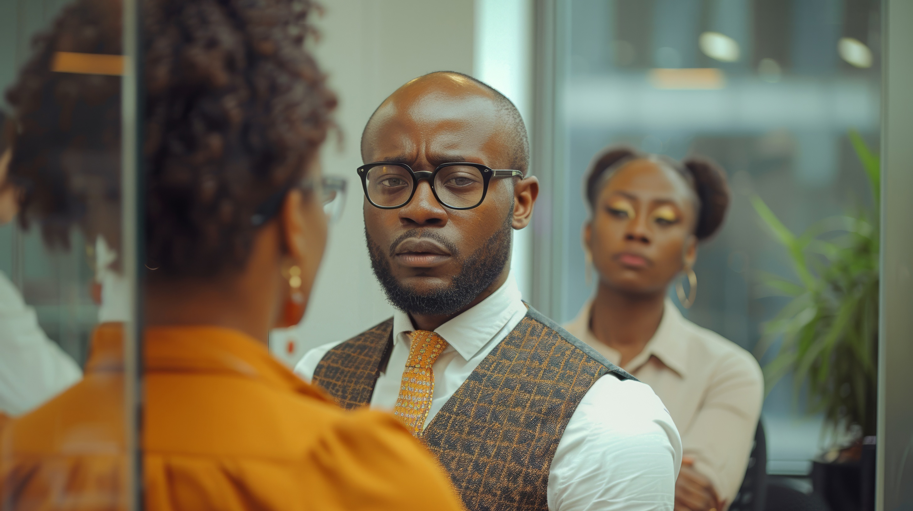 Young African businessman talking with a group of coworkers during a meeting together, Generative AI