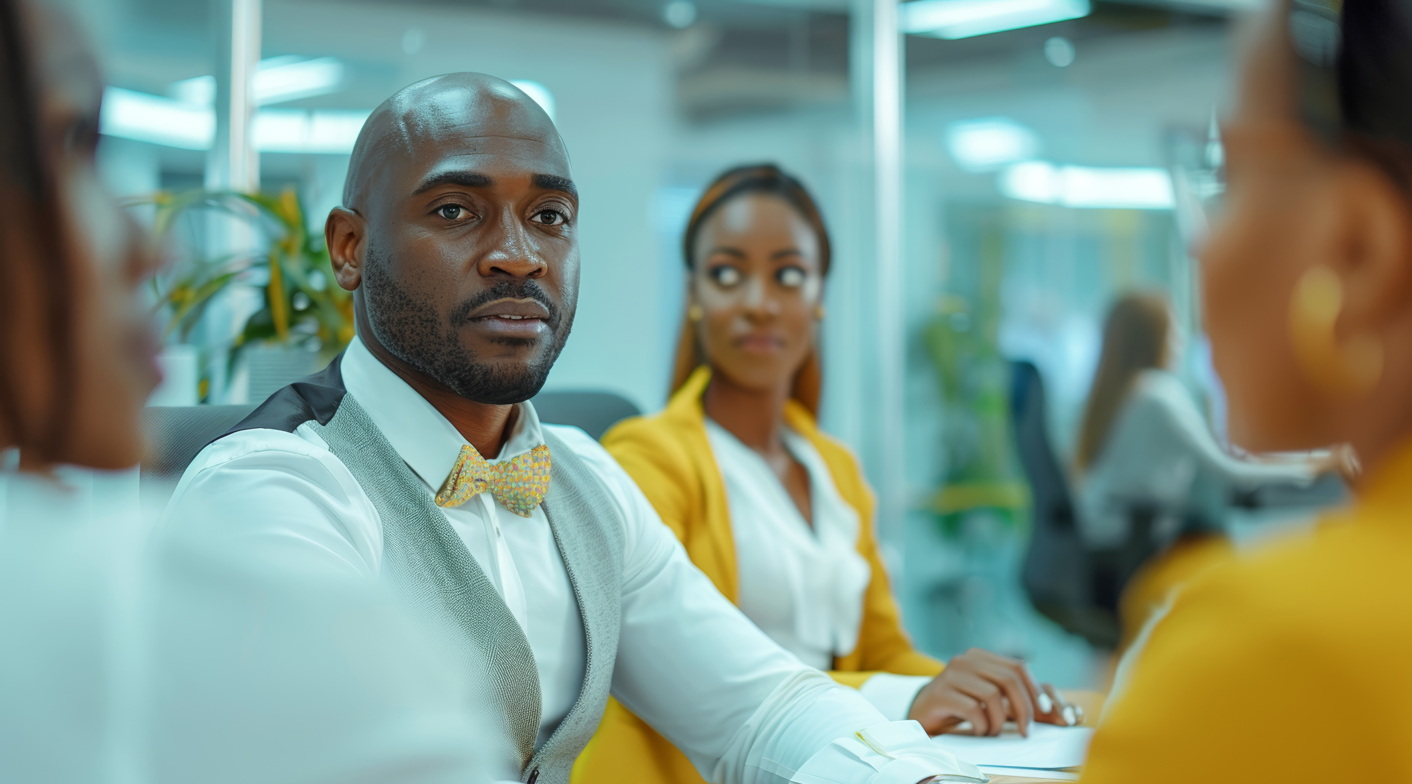 Young African businessman talking with a group of coworkers during a meeting together, Generative AI