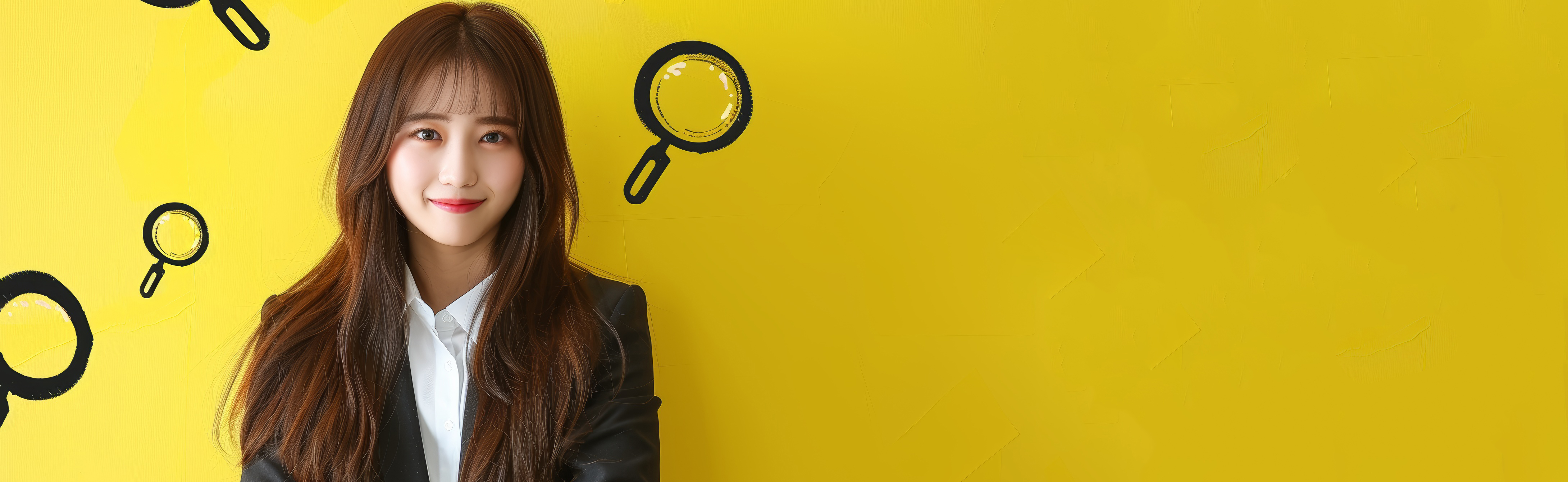 Young Asian woman smiling and gesturing on yellow background.