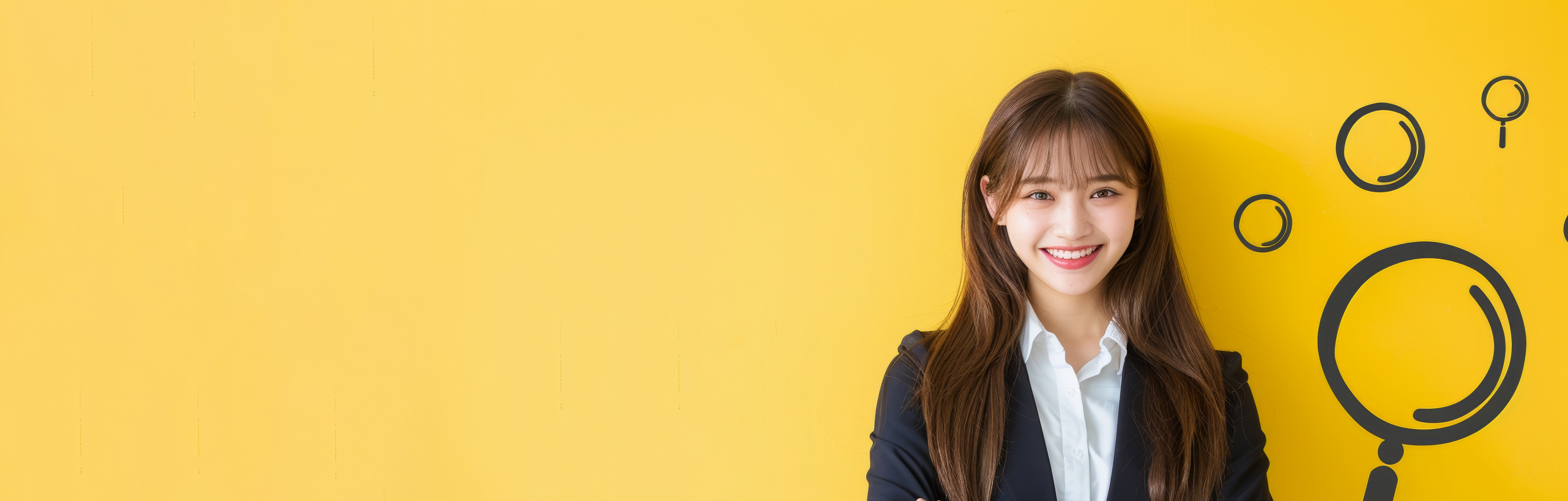 Young Asian woman smiling and gesturing on yellow background.