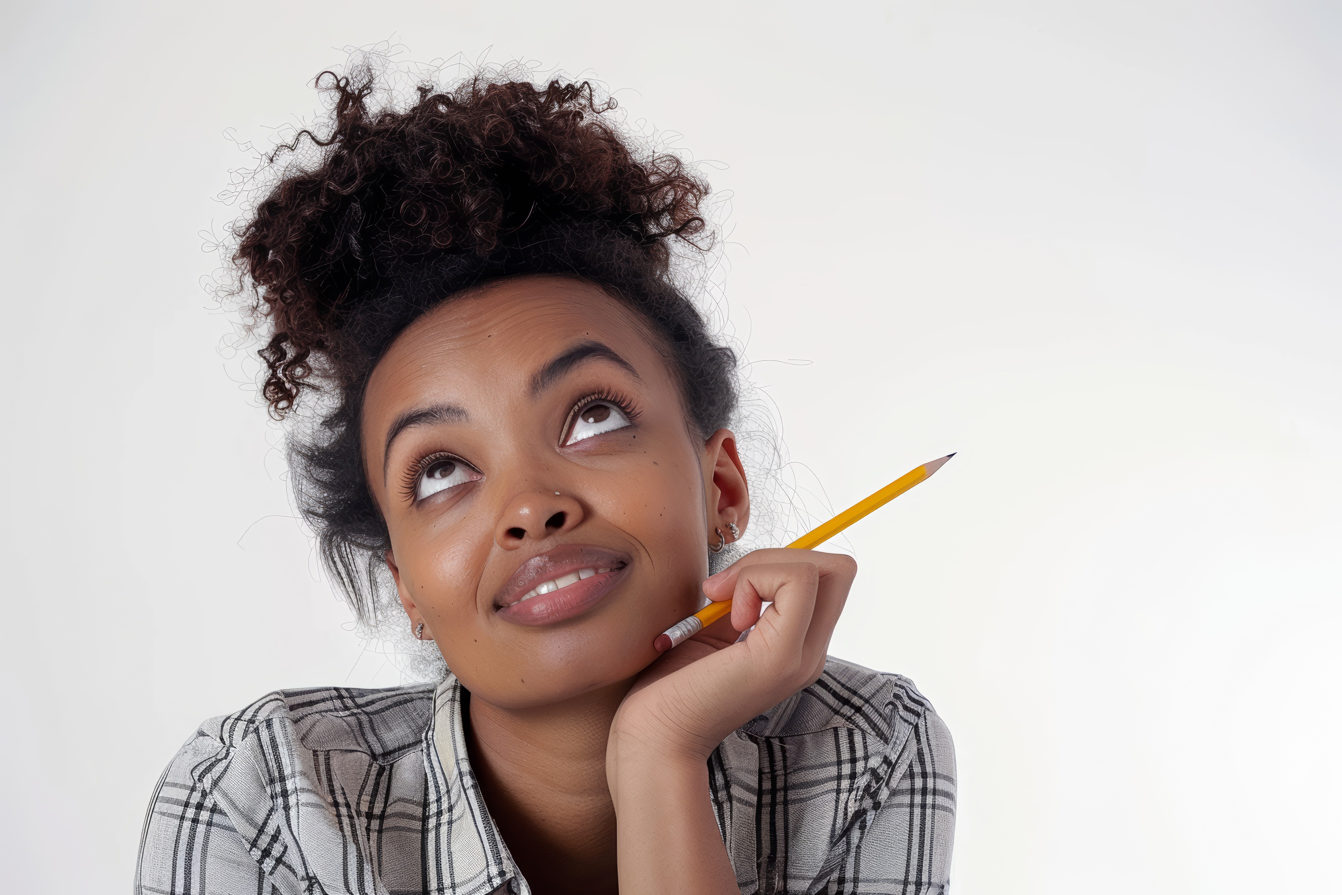 Young african women holding a pencil and thinking, Generative AI