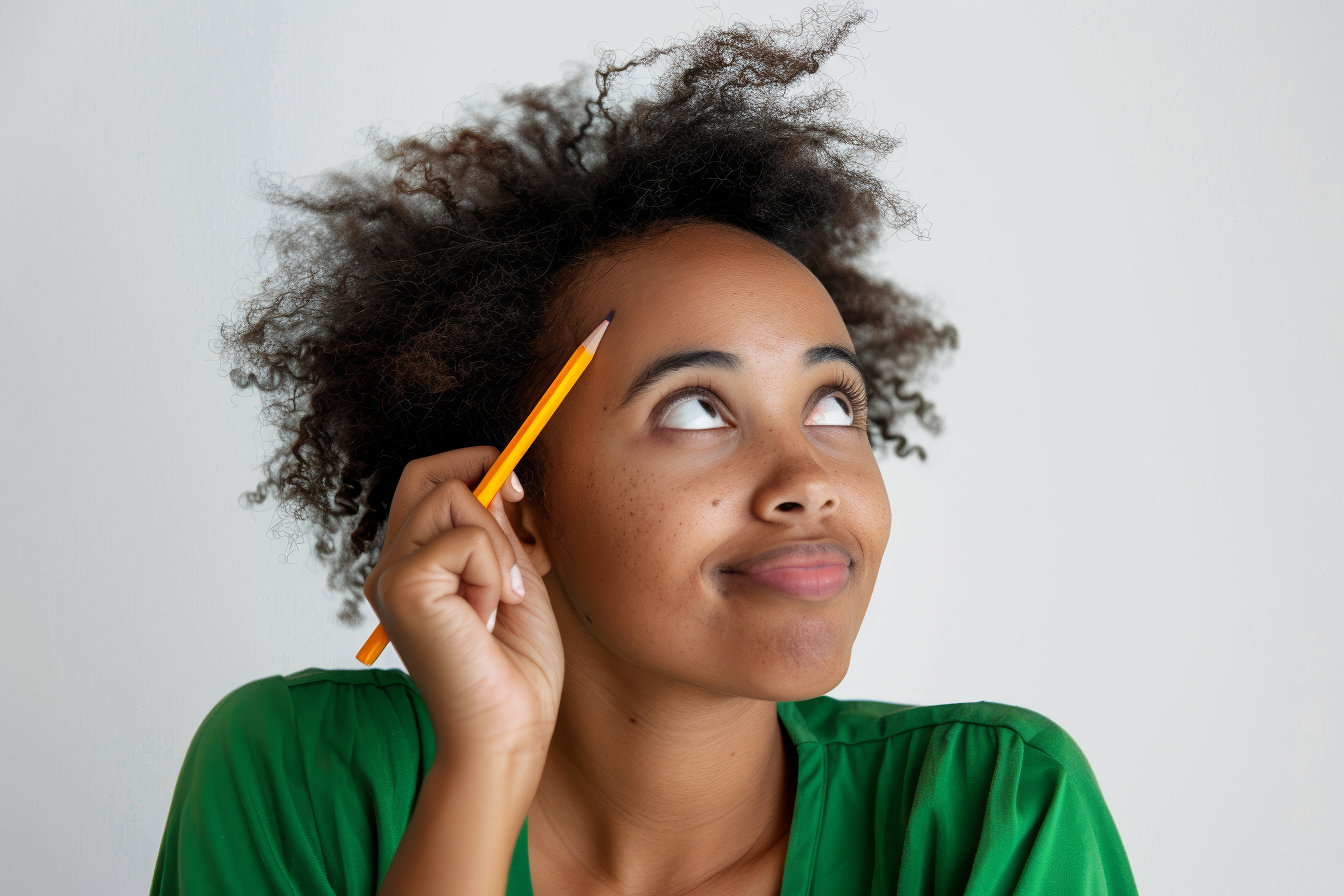 Young african women holding a pencil and thinking, Generative AI