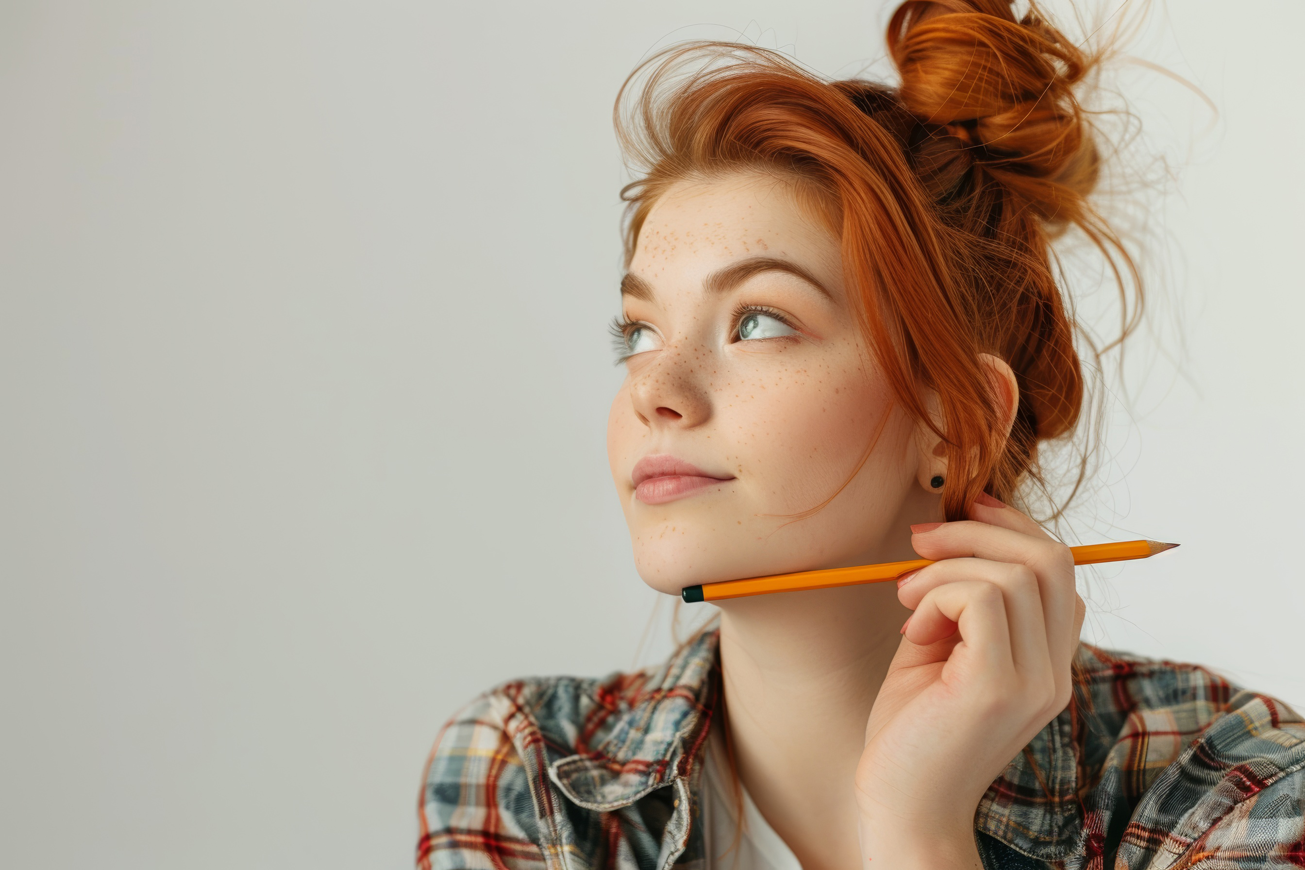 Young atractive redhead girl holding a pencil and thinking, Generative AI