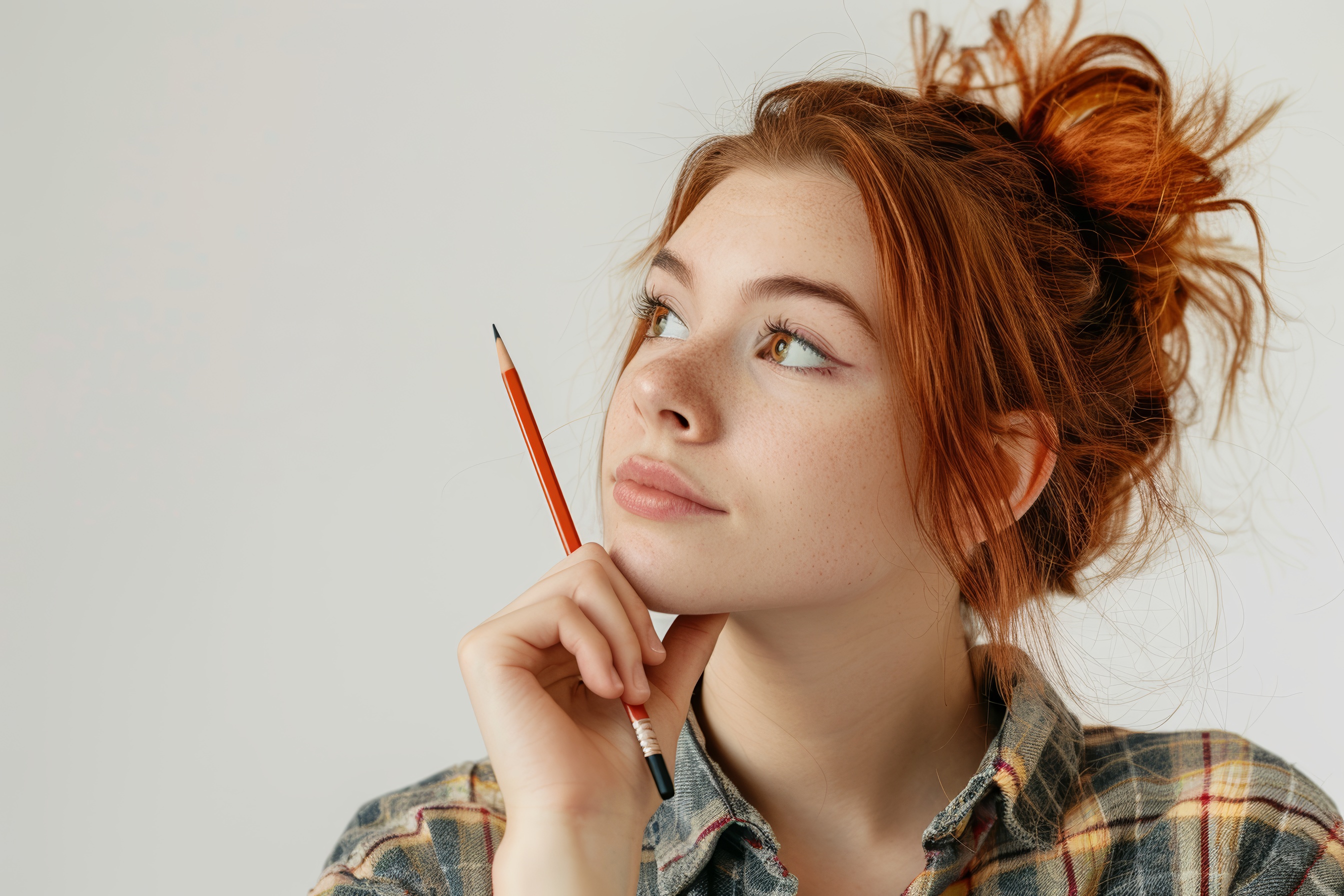 Young atractive redhead girl holding a pencil and thinking, Generative AI