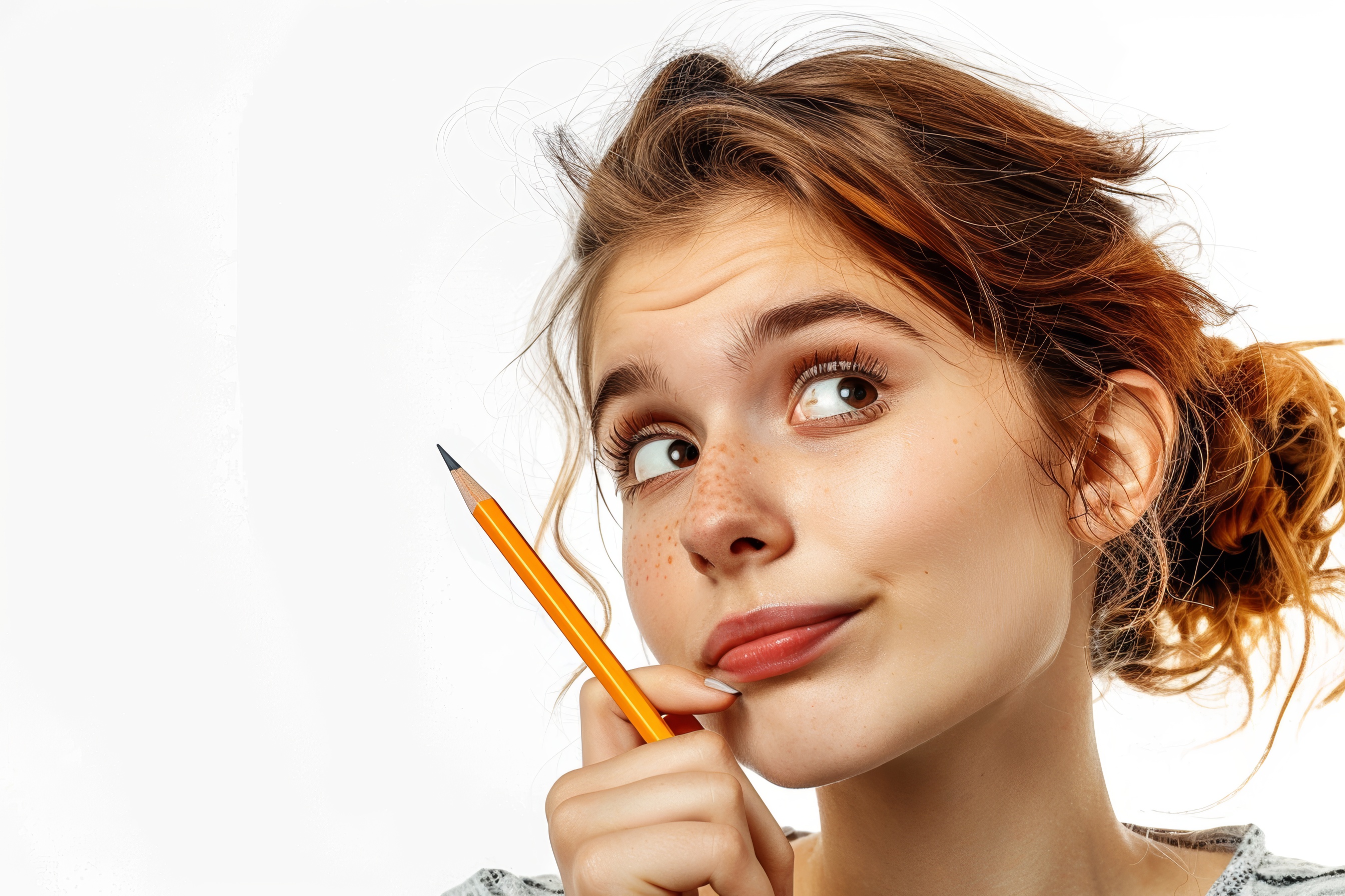 Young atractive redhead girl holding a pencil and thinking, Generative AI