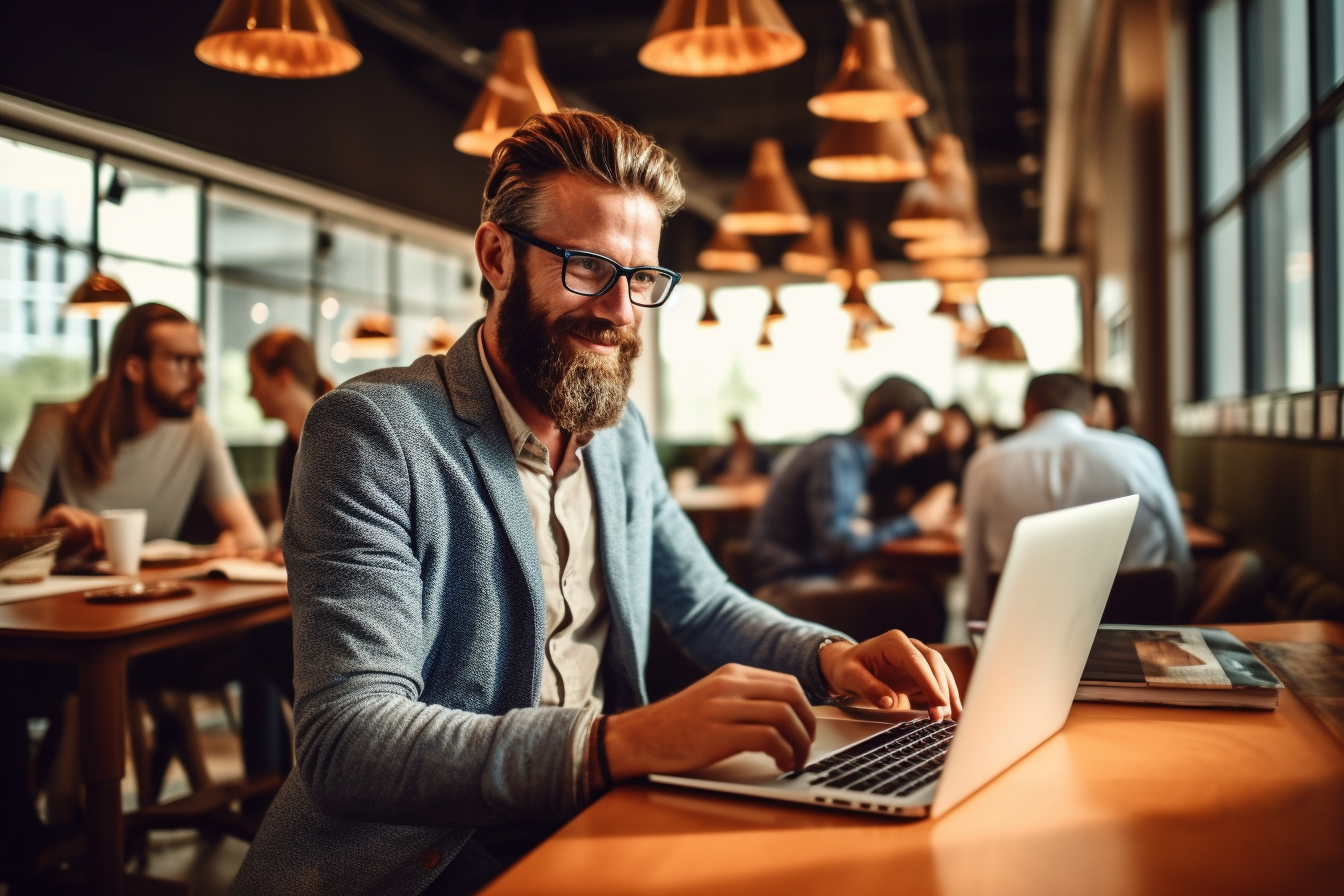 Young bearded freelancer using laptop and sitting in cafe