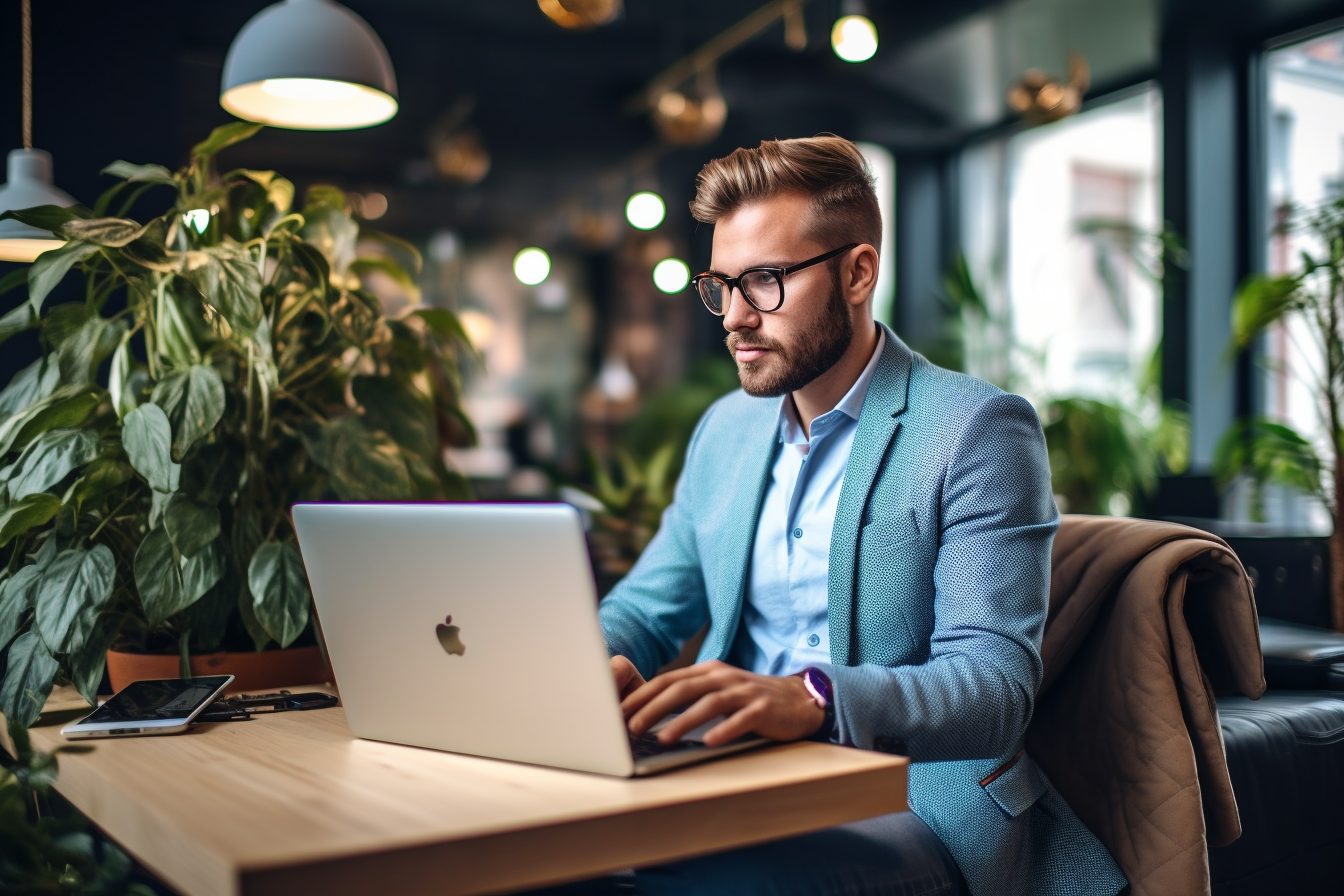 Young bearded freelancer using laptop and sitting in cafe