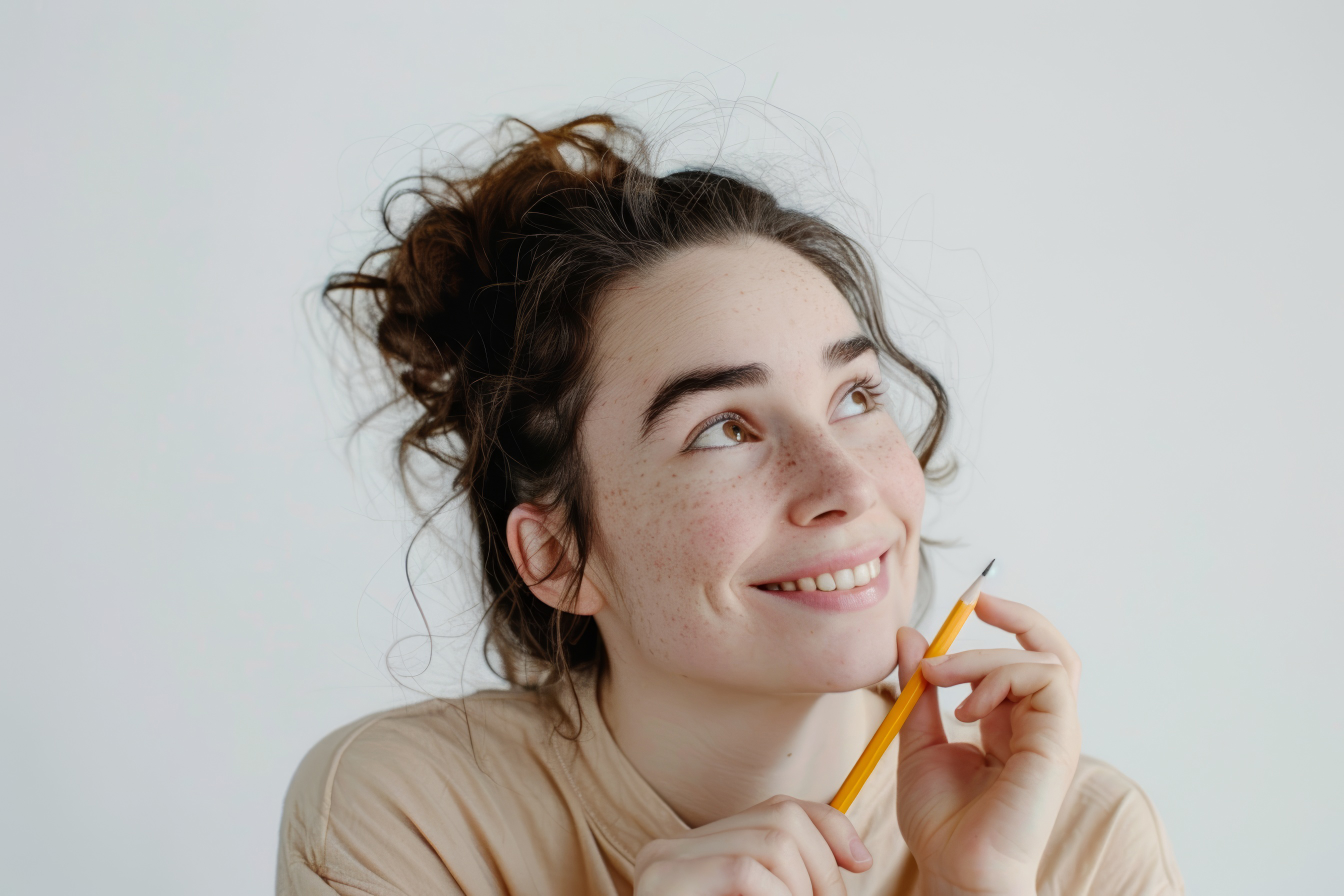 Young girl holding a pencil and thinking, Generative AI