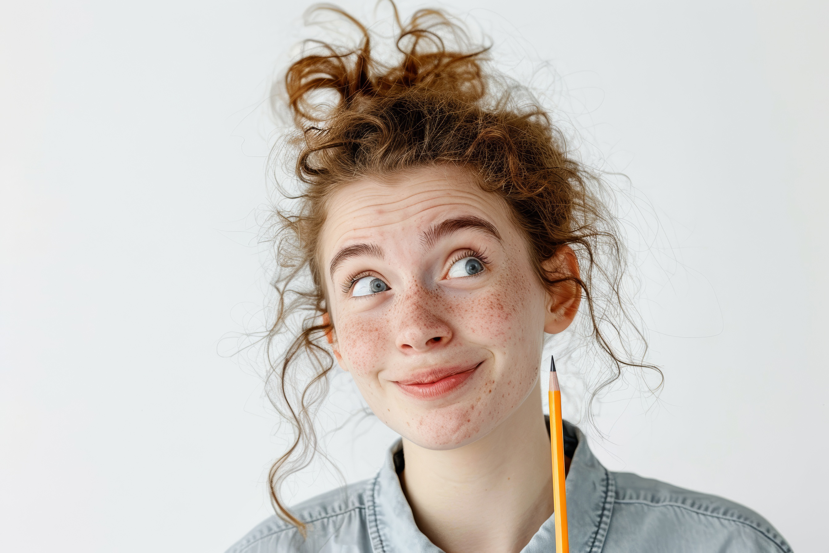 Young girl holding a pencil and thinking, Generative AI