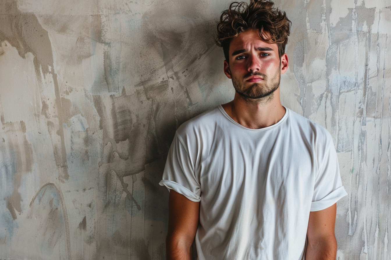 Young handsome man with beard wearing casual outfit, Sad expression, Generative AI