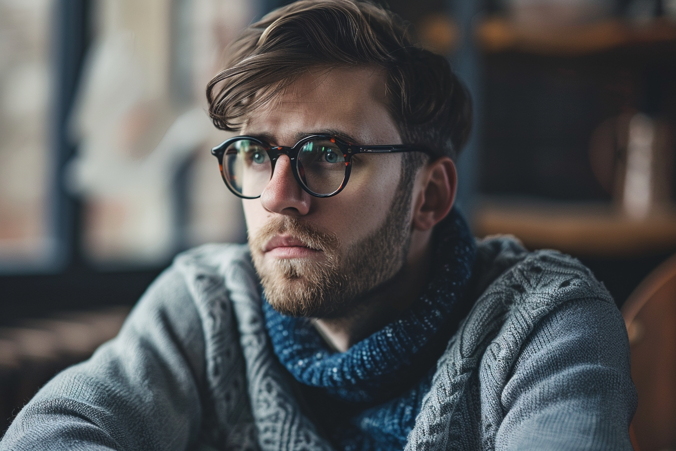 Young handsome man with beard wearing casual outfit, Sad expression, Generative AI