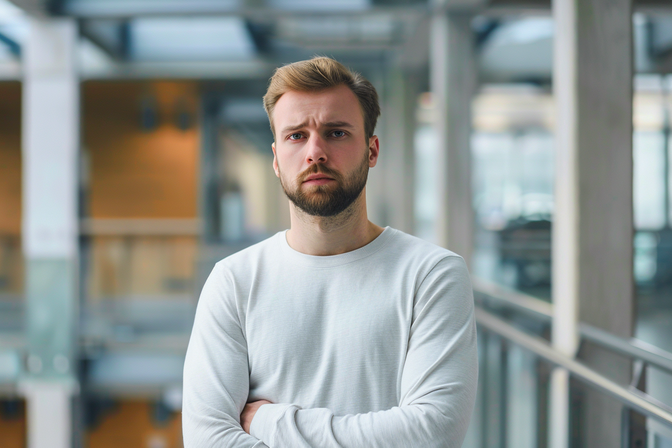 Young handsome man with beard wearing casual outfit, Sad expression, Generative AI