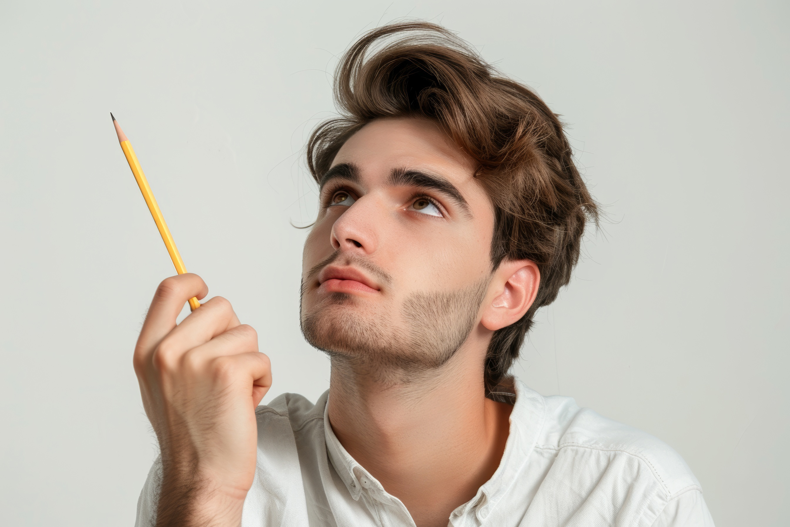 Young man holding a pencil and thinking, Generative AI