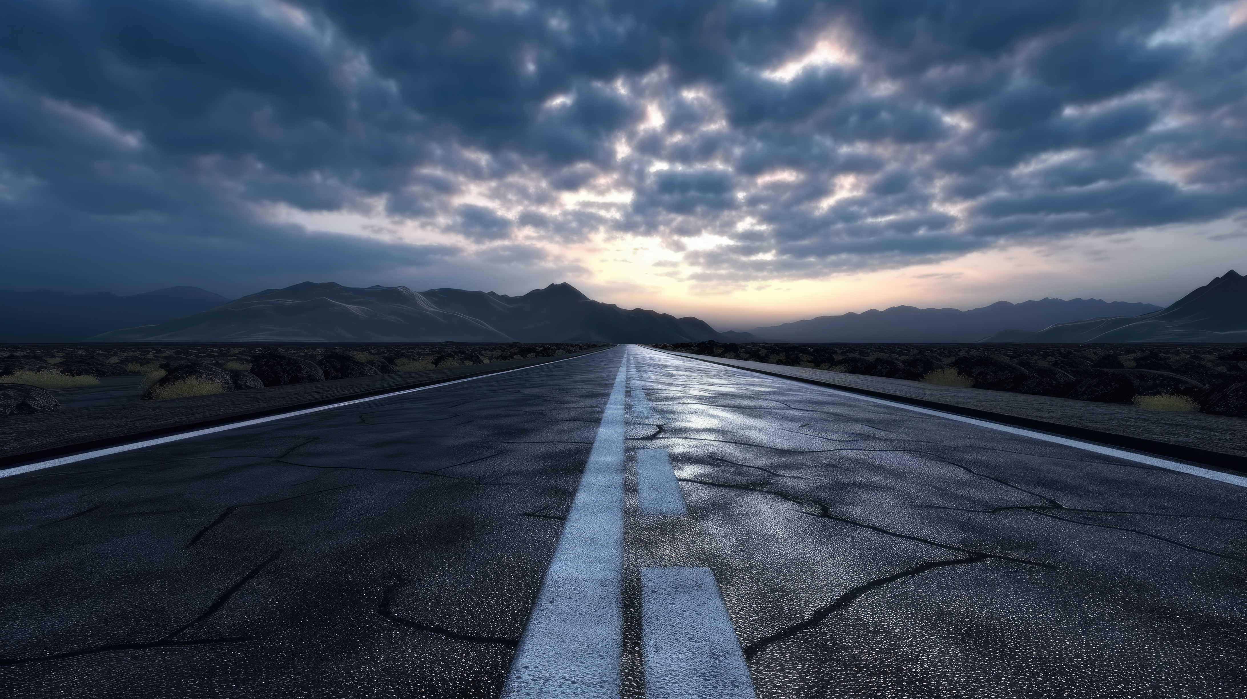 asphalt read and dramatic sky with sunset