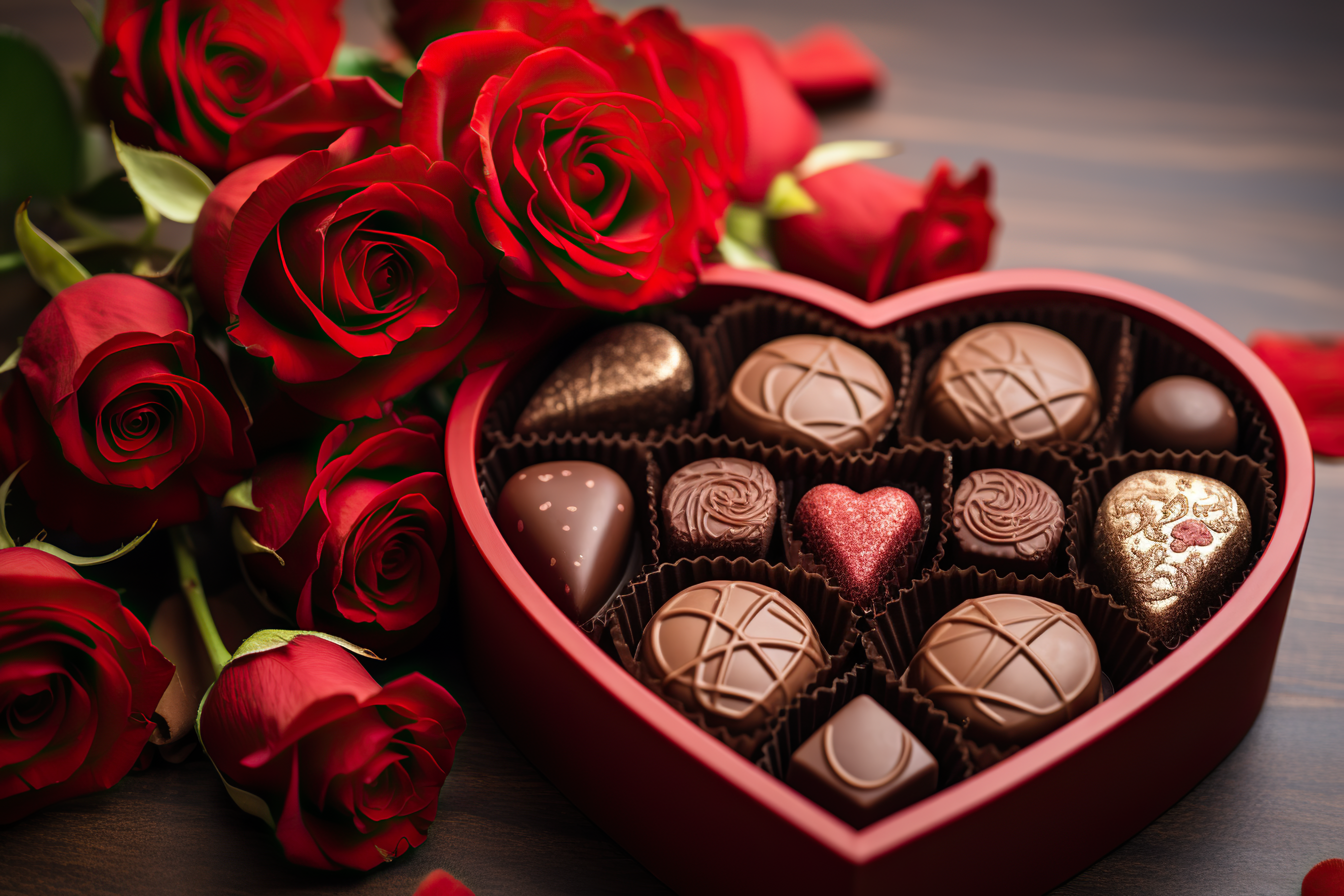 Close shot of a heart shaped box of chocolates and  a bouquet of roses