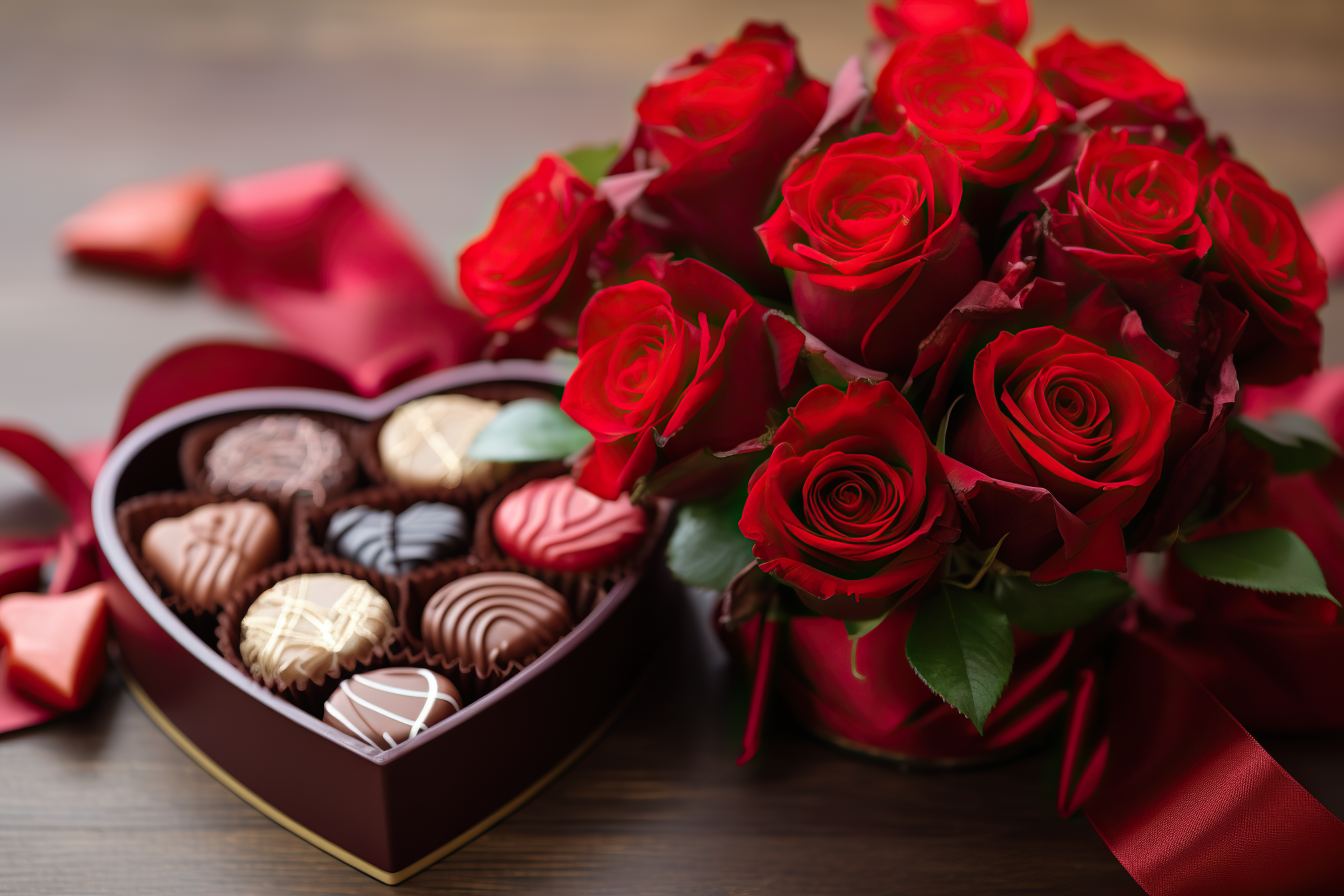 Close shot of a heart shaped box of chocolates and a bouquet of roses
