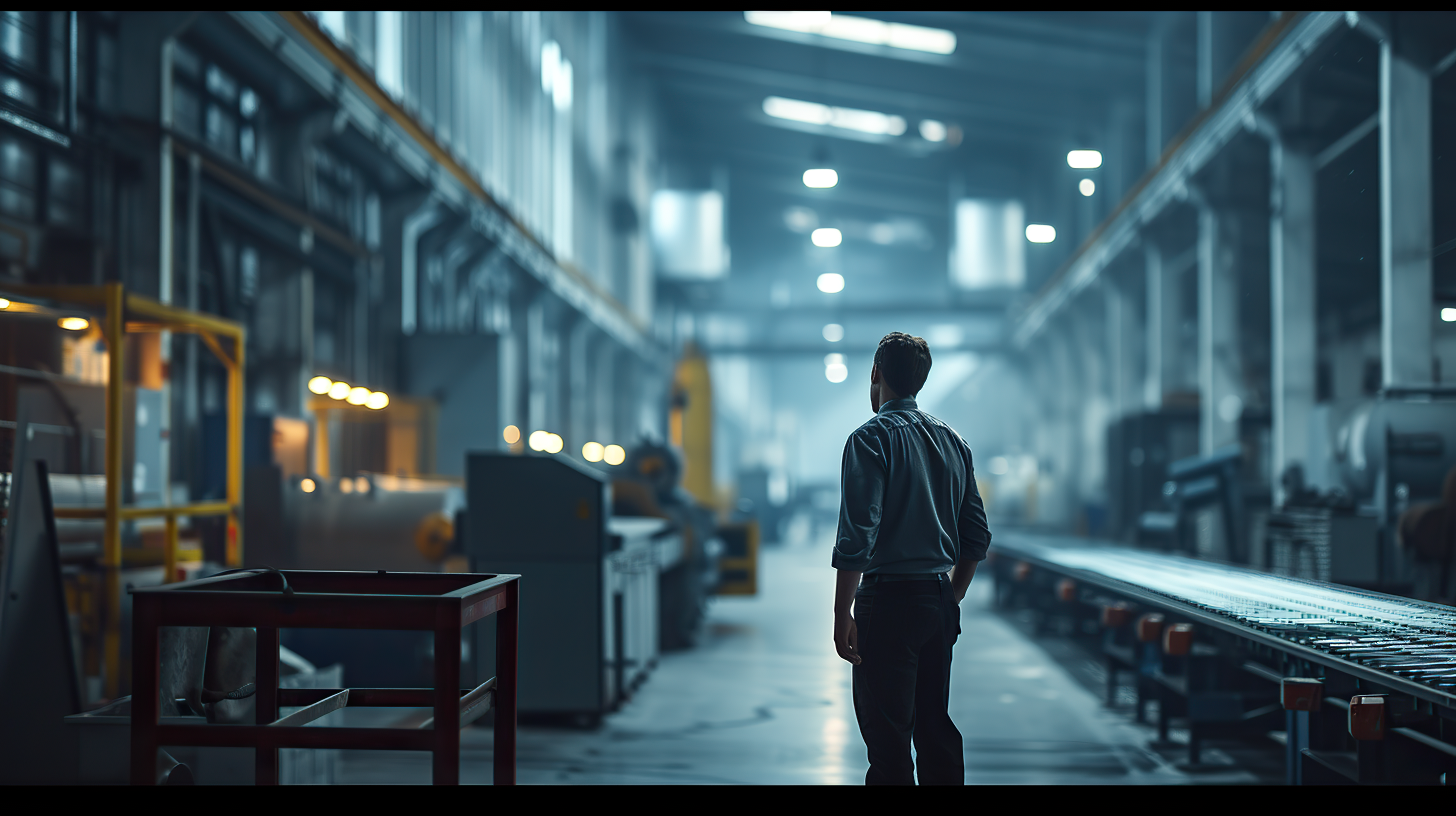 Man at work, Engineer in a warehouse next to a conveyor, ai generative