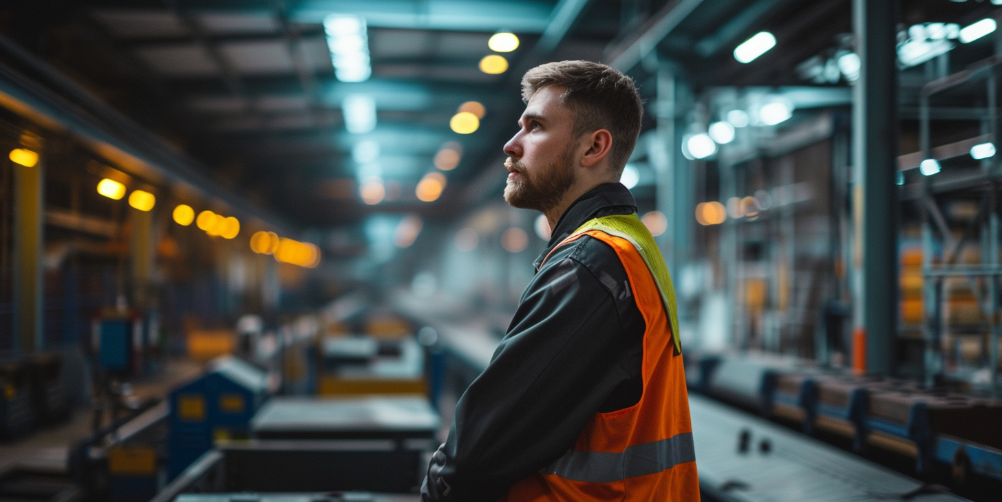 Man at work, Engineer in a warehouse next to a conveyor, ai generative