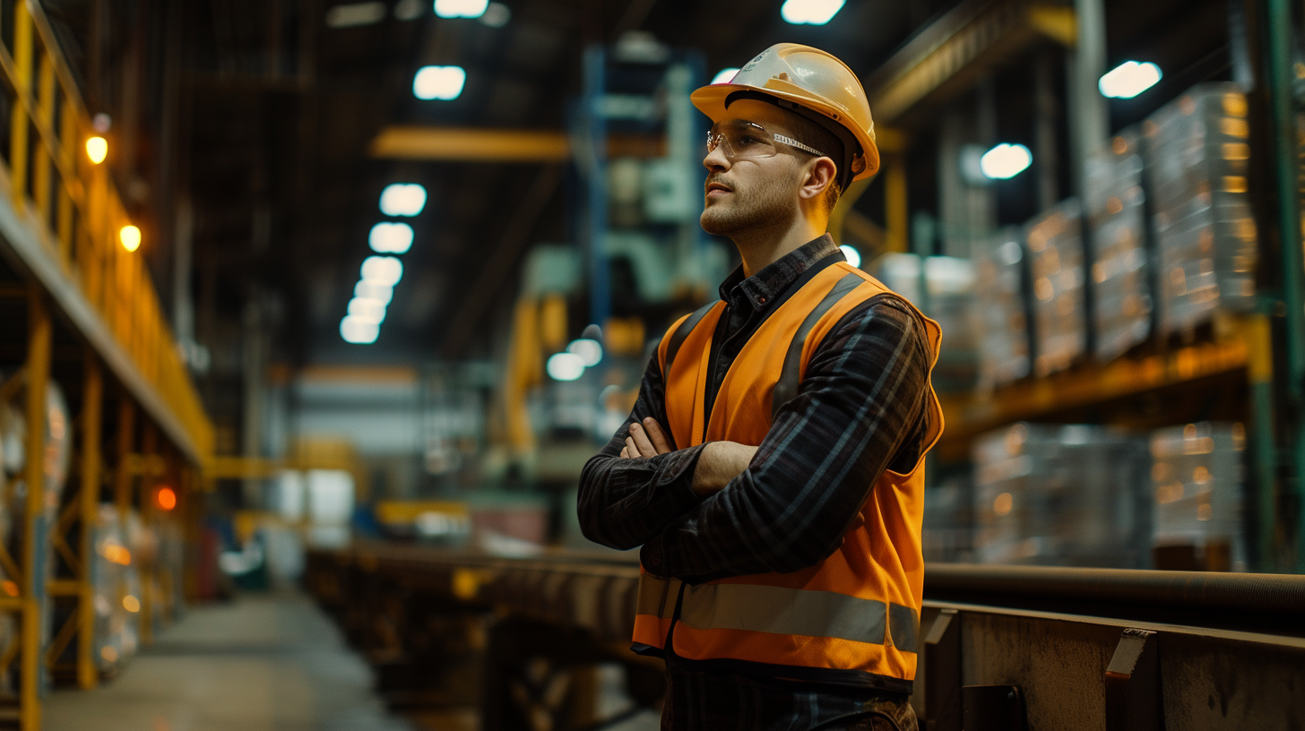 Man at work, Engineer in a warehouse next to a conveyor, ai generative