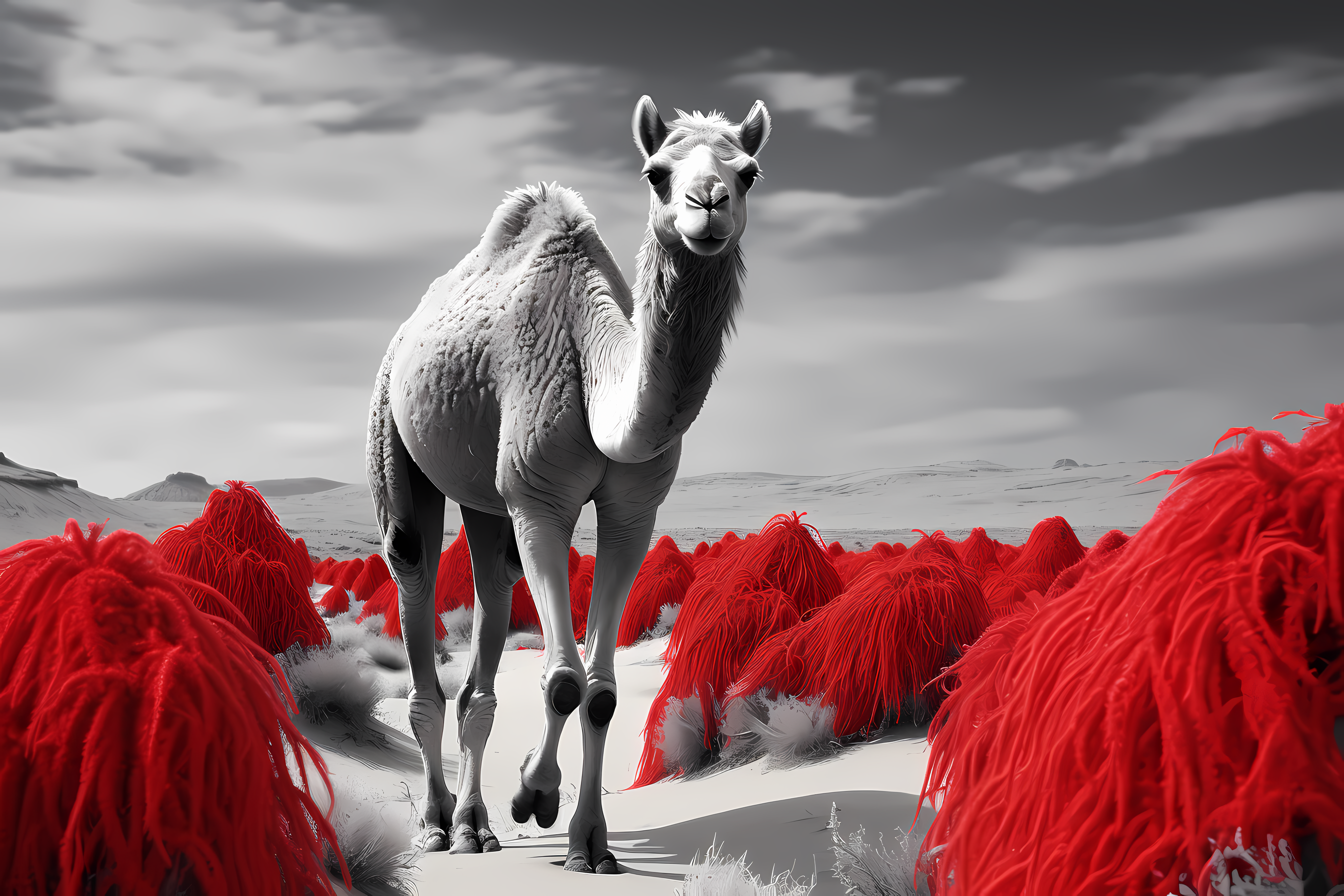 Impressive view of a camel in grayscale