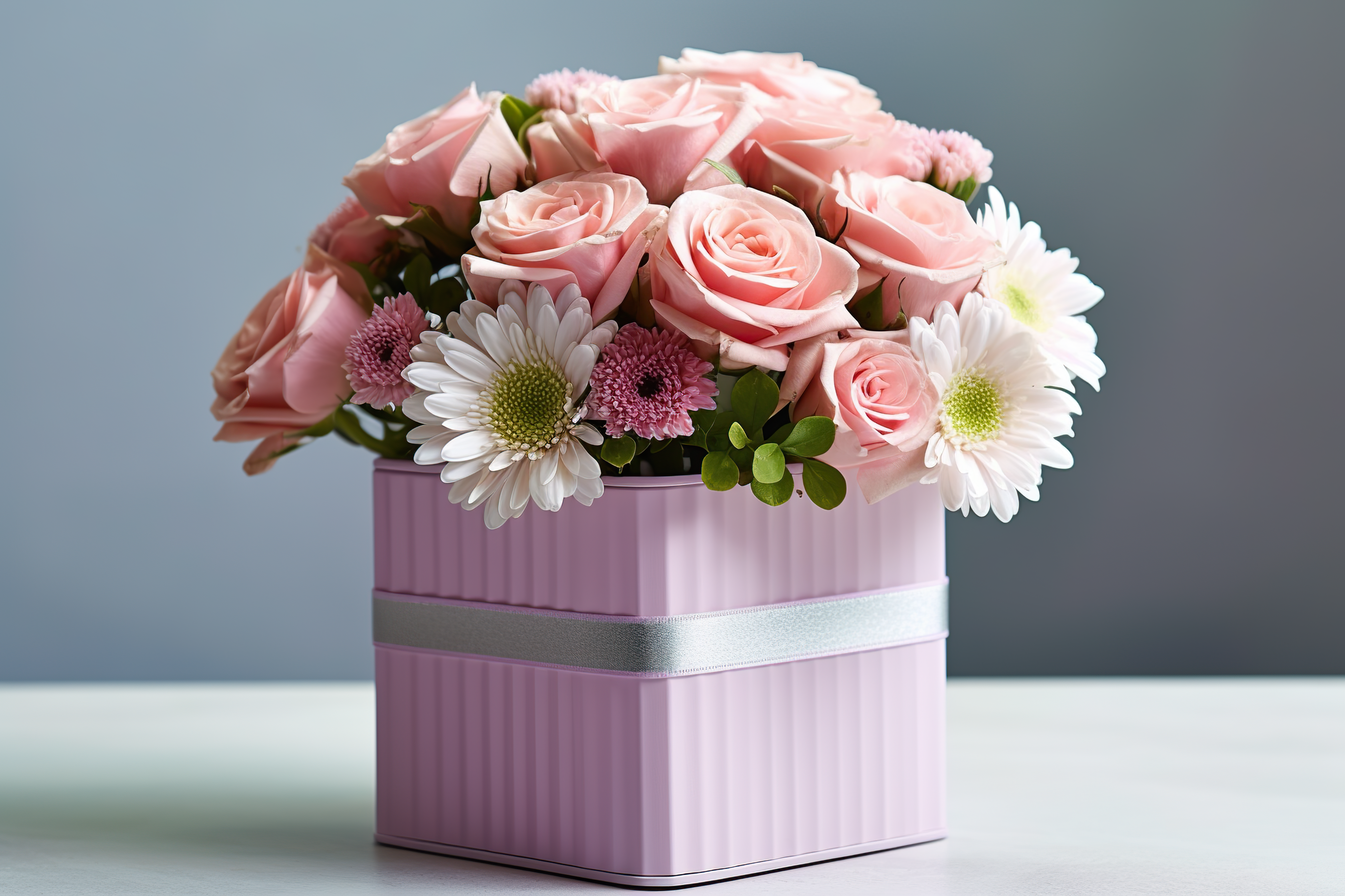 Pink flower box with fresh roses